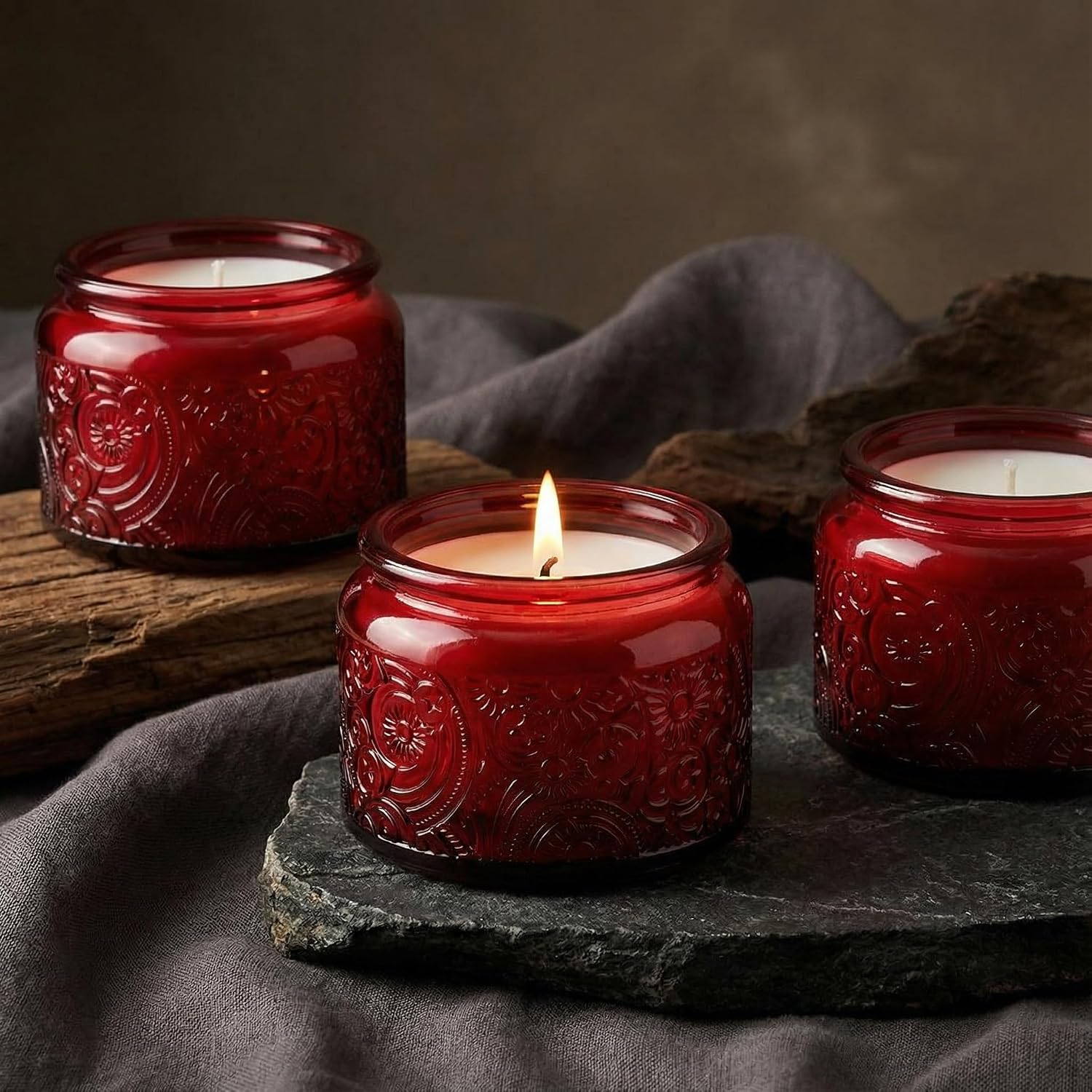 4 oz Red Sun Moon Stars Candle Jars with Metal Lids, 18 Pack | Patented Embossed Design, Includes Wick Centering Devices & Warning Labels, Multiple Color Options
