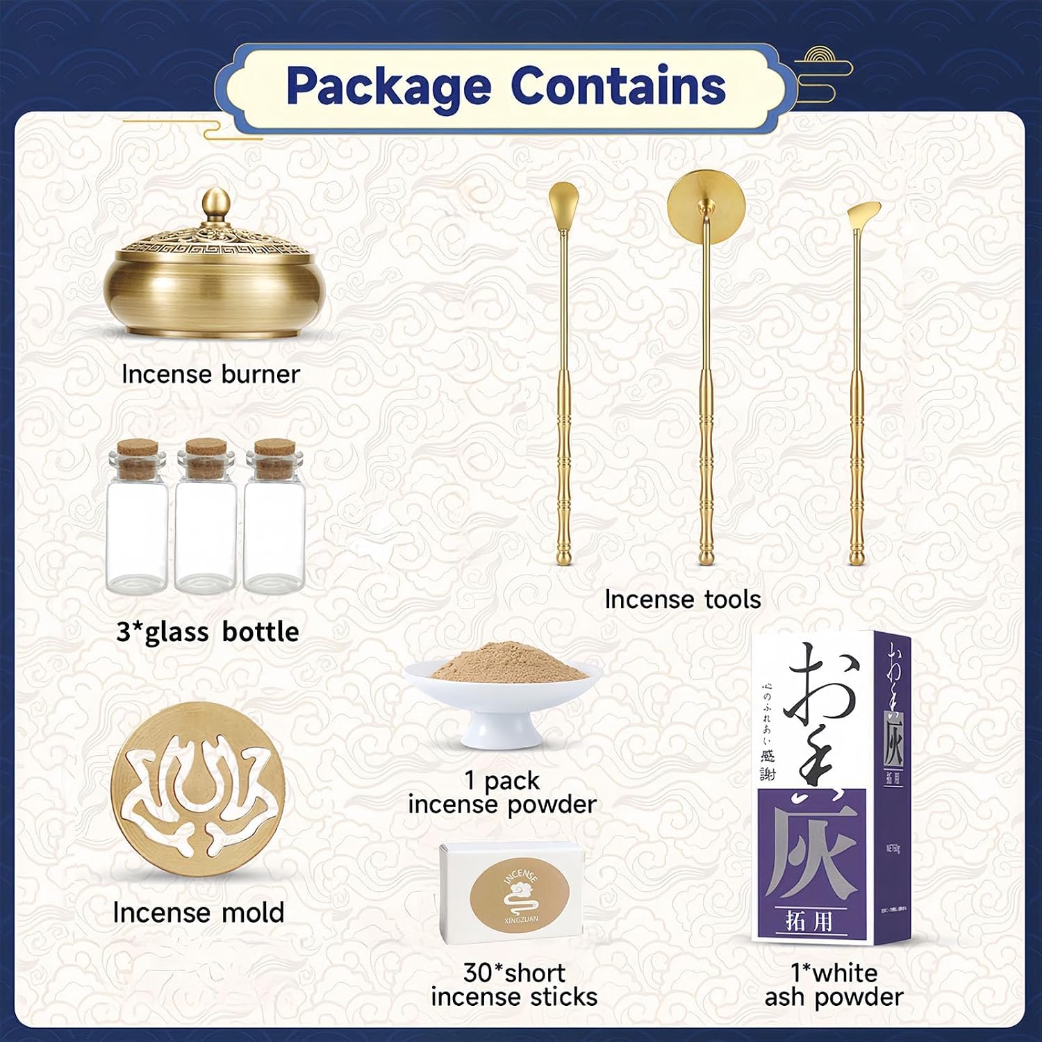 Yoga & Meditation 16pcs Incense Burner Kit - Complete Ash Powder Burner Set with Brass Censer, Art Mold Tools & Chinese Incense Burner in Gift Box for Relaxation, Home Fragrance