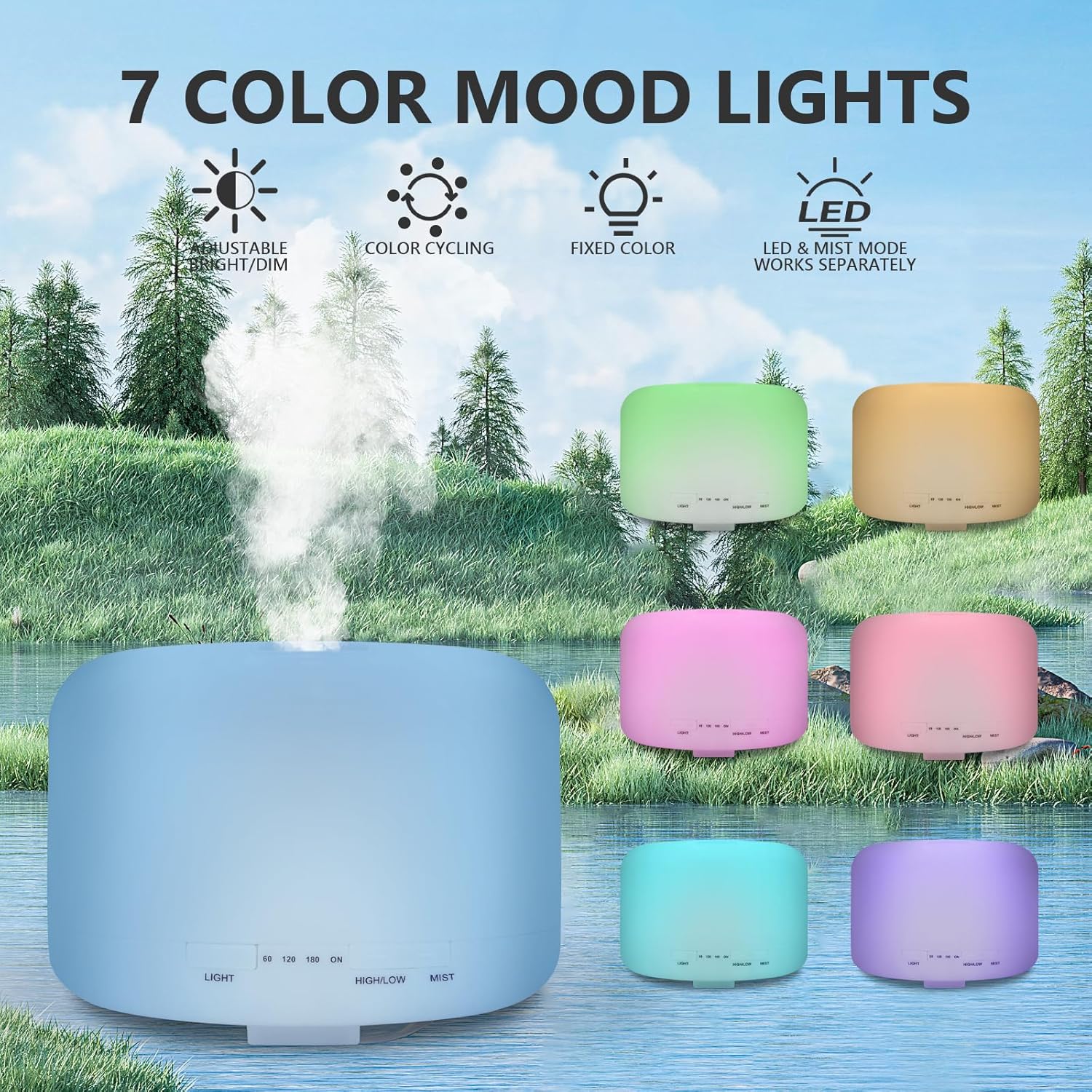 Oil Diffuser, 500ml Essential Oil Diffusers, Aromatherapy Diffuser with 2 Mist Mode 4 Timers＆7 Ambient Light Waterless Auto Off, Diffusers Large Room Home Office