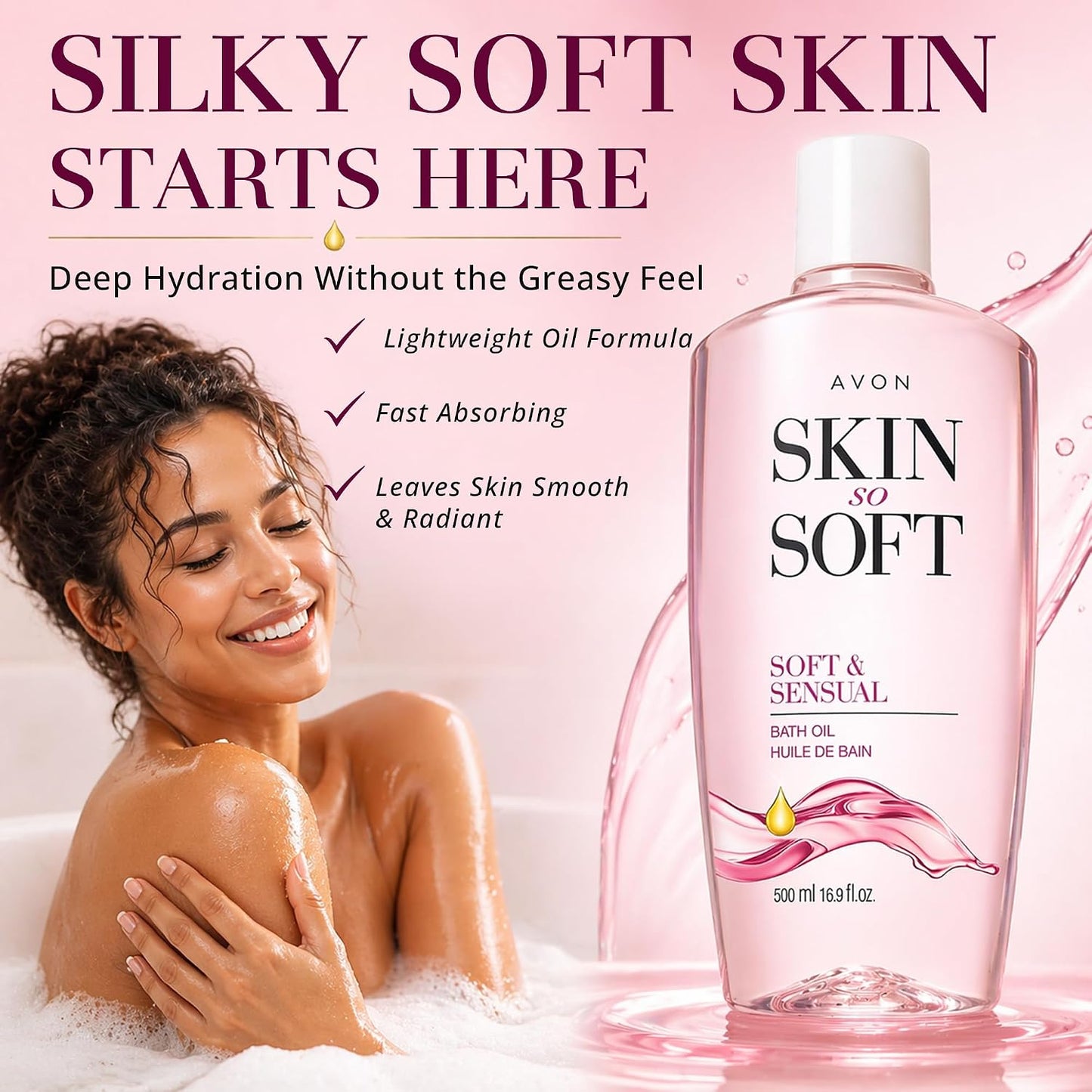 AVON Skin So Soft Soft & Sensual Bath Oil with Argan— Moisturizing Shower Oil for Dry Skin — Hydrating in & After-Shower Care for Women & Men —Non Greasy, Scented Bath and Body Essential, 16.9 fl oz