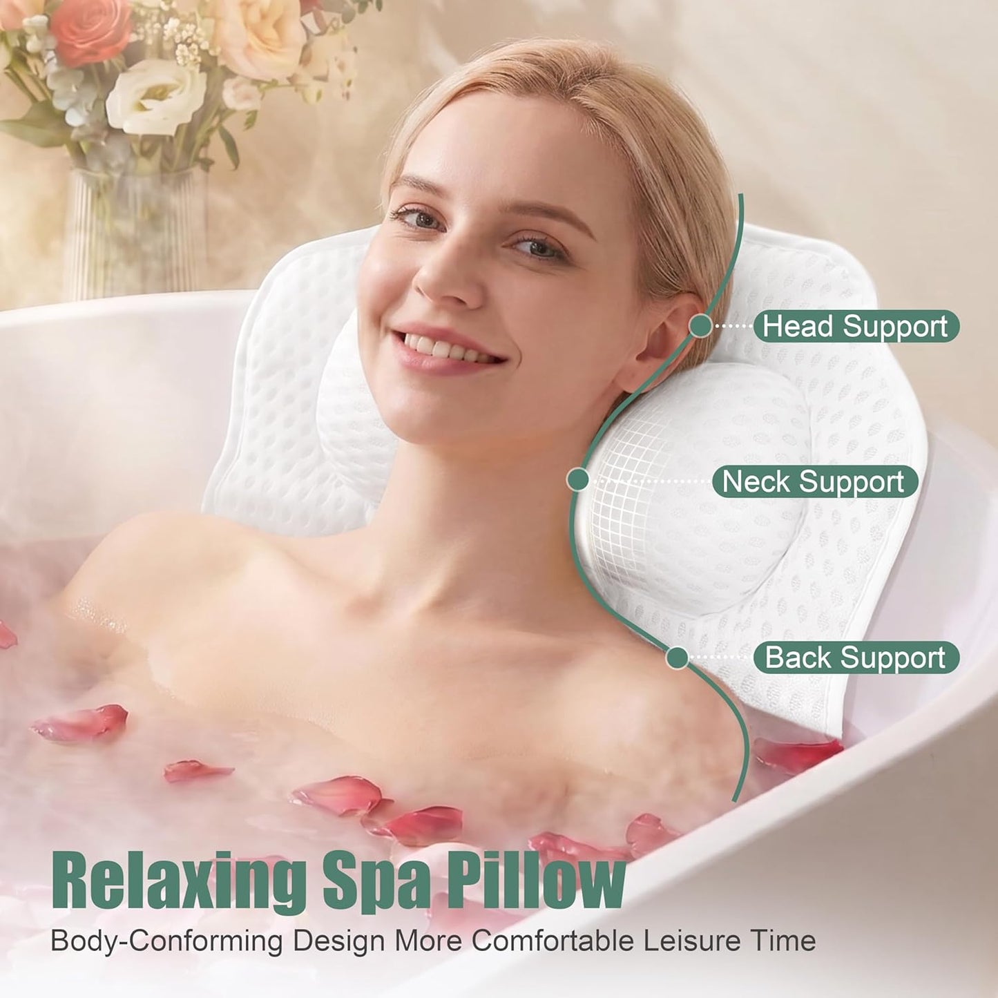 Bath Pillow,Relaxing Body Bath Pillow for Tub - Comfort 4D Mesh Bathtub Cushion Support Neck,Back,Head - Non-Slip Suction Cups,Dries Quickly - Fit Women to Use Luxury Any Bathtub Pillows as Spa Gifts