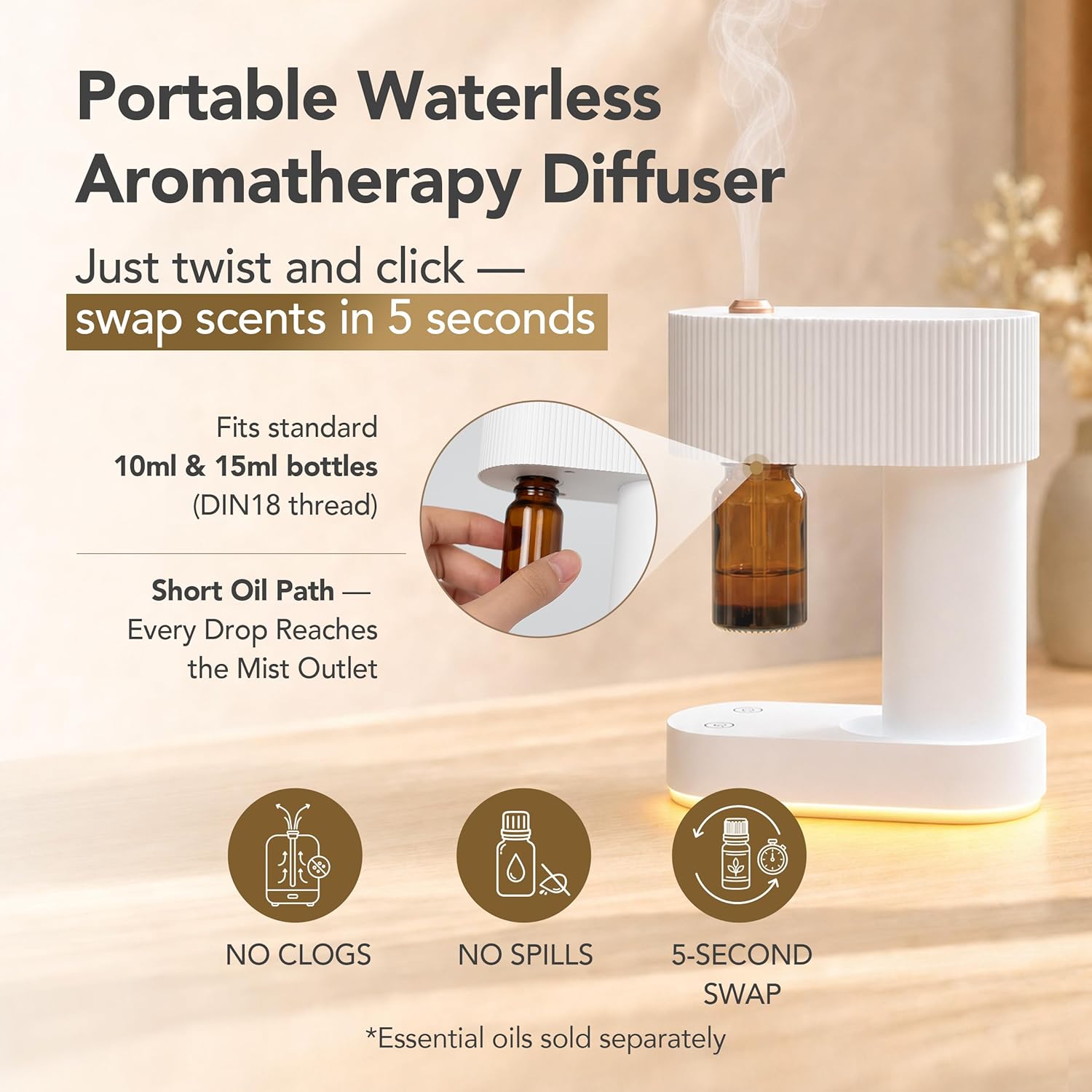 Waterless Essential Oil Diffuser Cordless Nebulizing Aroma Diffuser Whisper-Quiet 38dB USB-C Rechargeable Sculptural Korean Design Fits 10ml & 15ml Bottles Compact for Bedroom Office Spa