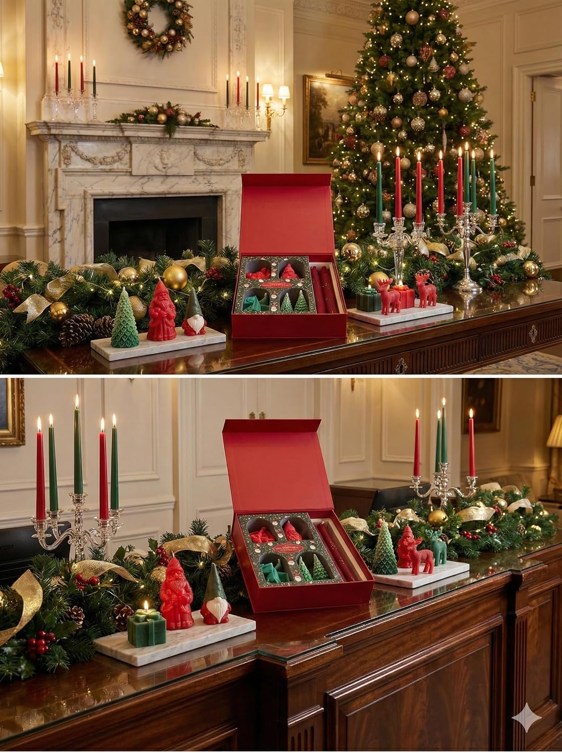 Christmas Candle Gift Set – 9 Highly Scented Festive Candles Including Santa, Trees, Deer, Cake & Ribbed Pillars | Luxury Holiday Gift Box with Surprise Santa Design (Pack of 1)