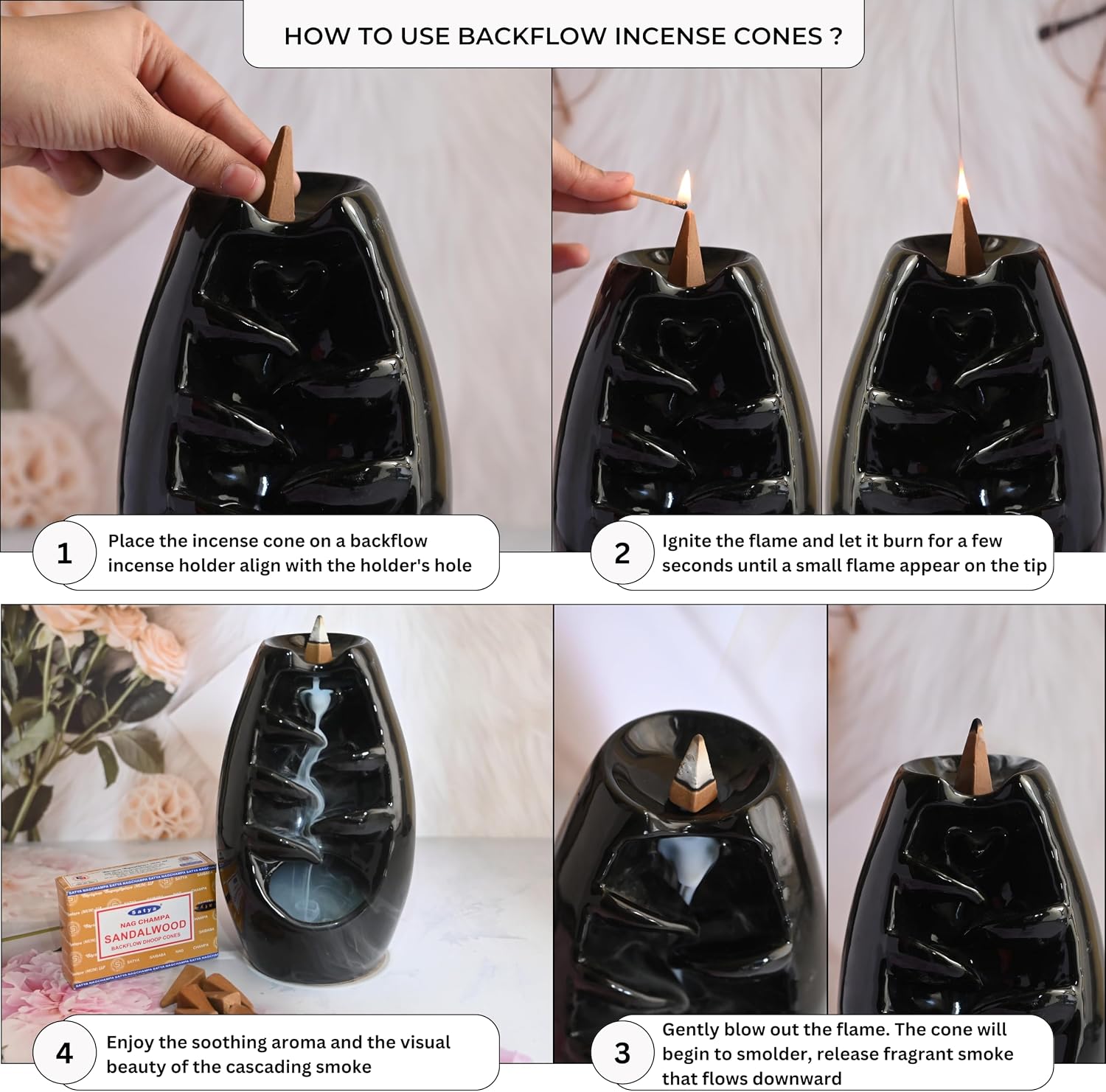 Sandalwood Backflow Incense Cones for Waterfall Aromatic Smoke Fountain Haze Falls and Mat Bundle - Pack of 12