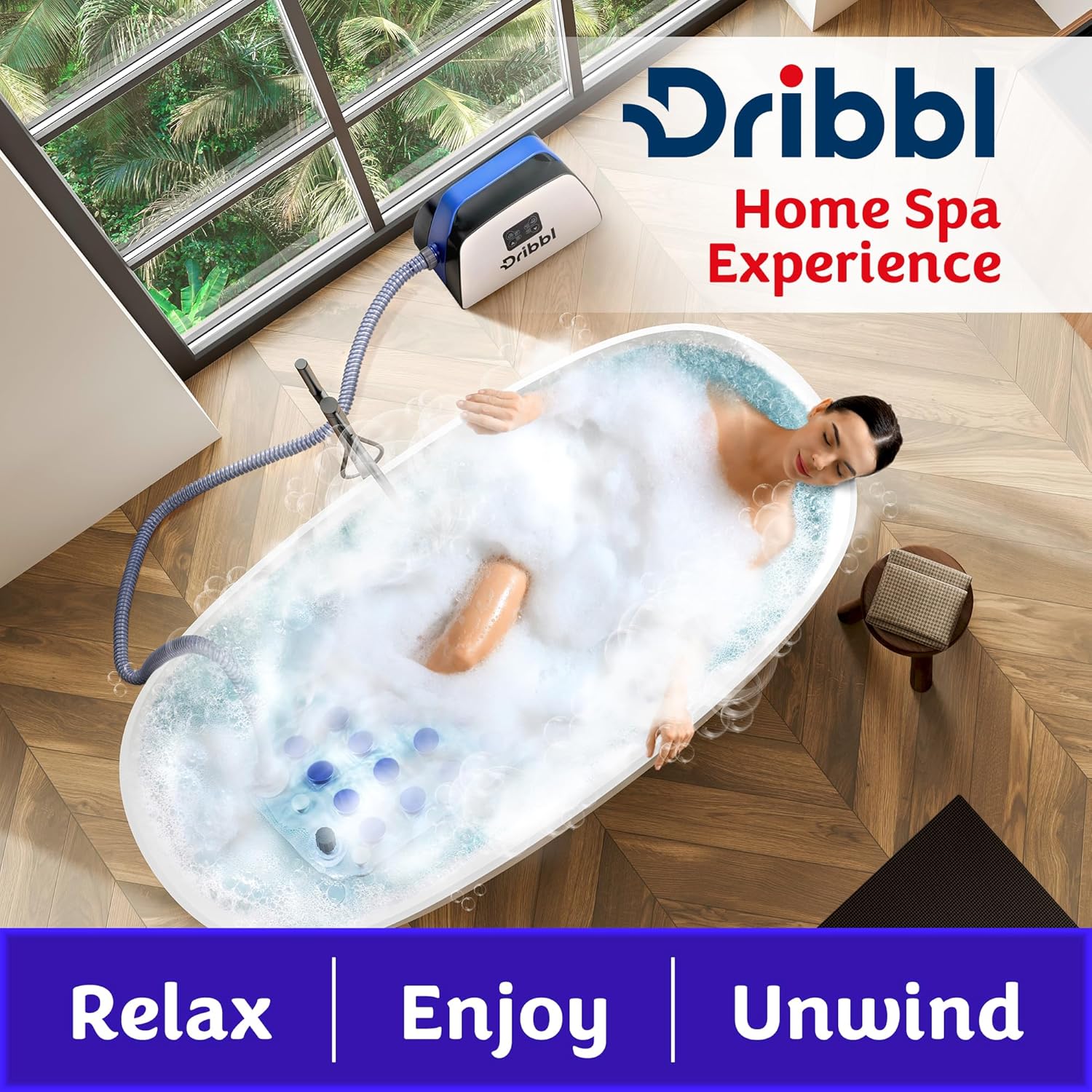 Dribbl Electric Bubble Massage Bathtub Mat – Non-Slip Full-Body Waterproof Hot Tub Spa Mat for Bath with Heater, Motorized Air Pump, and Remote Control, 6-Speed Adjustable Massage, Blue