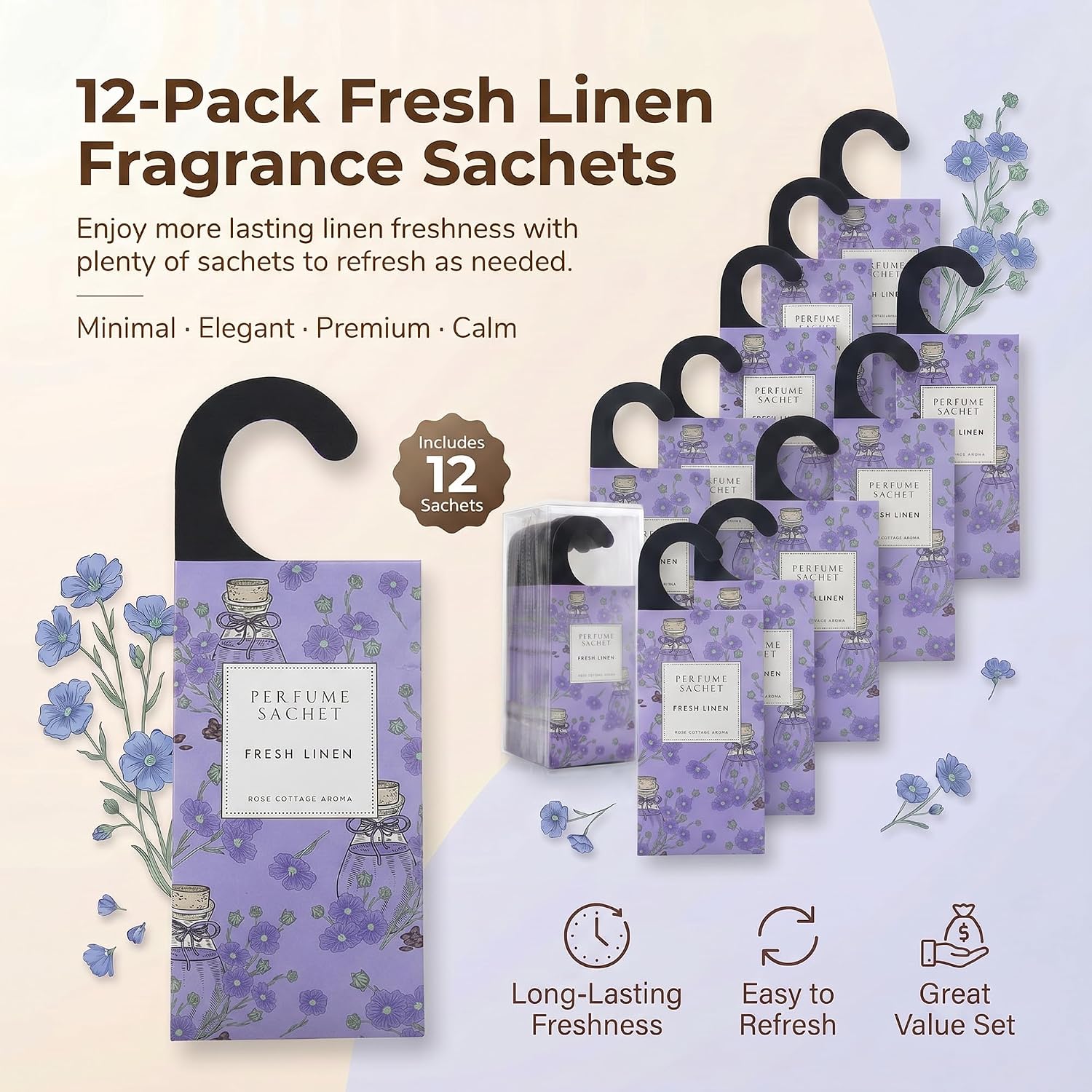 ROSE COTTAGE Large 12 Packs Fresh Linen Hanging Closet Deodorizer Air Freshener Long Lasting Scented Sachets Smell Goods for House