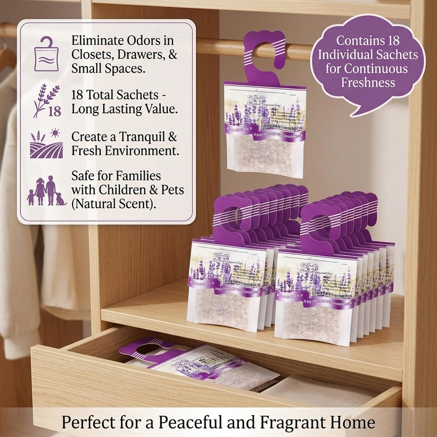 Lavender Sachets for Drawers and Closets, 18 Pack Small Spaces Air Freshener - Long-Lasting Hanging Air Freshener for Closet, Car & Small Spaces