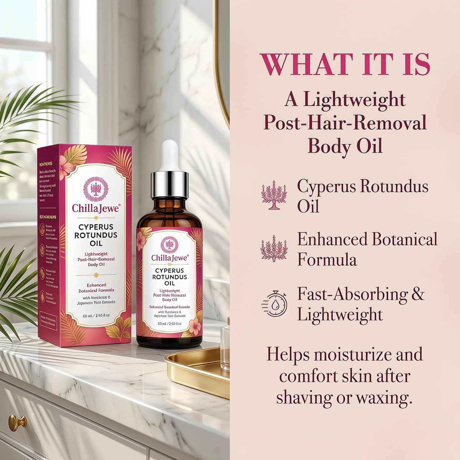 Cyperus Rotundus Oil, Lightweight Post-Hair-Removal Body Oil, Enhanced Botanical Formula with Narcissus & Japanese Yam Extracts, Jojoba Oil, Squalane & Bisabolol, For Smooth-Looking Skin