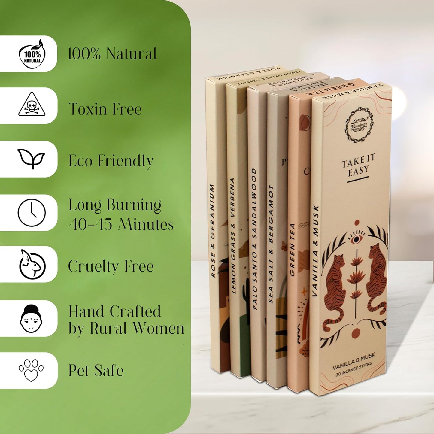 Raajsee Incense Sticks Organic Non Toxic - Pack of 6 Natural Inscents with Insence Holder -120 Sticks, Clean Burn, Boho Gift Set, Palo Santo & Sandalwood, Vanilla Musk, Rose, Green Tea, Lemon Grass