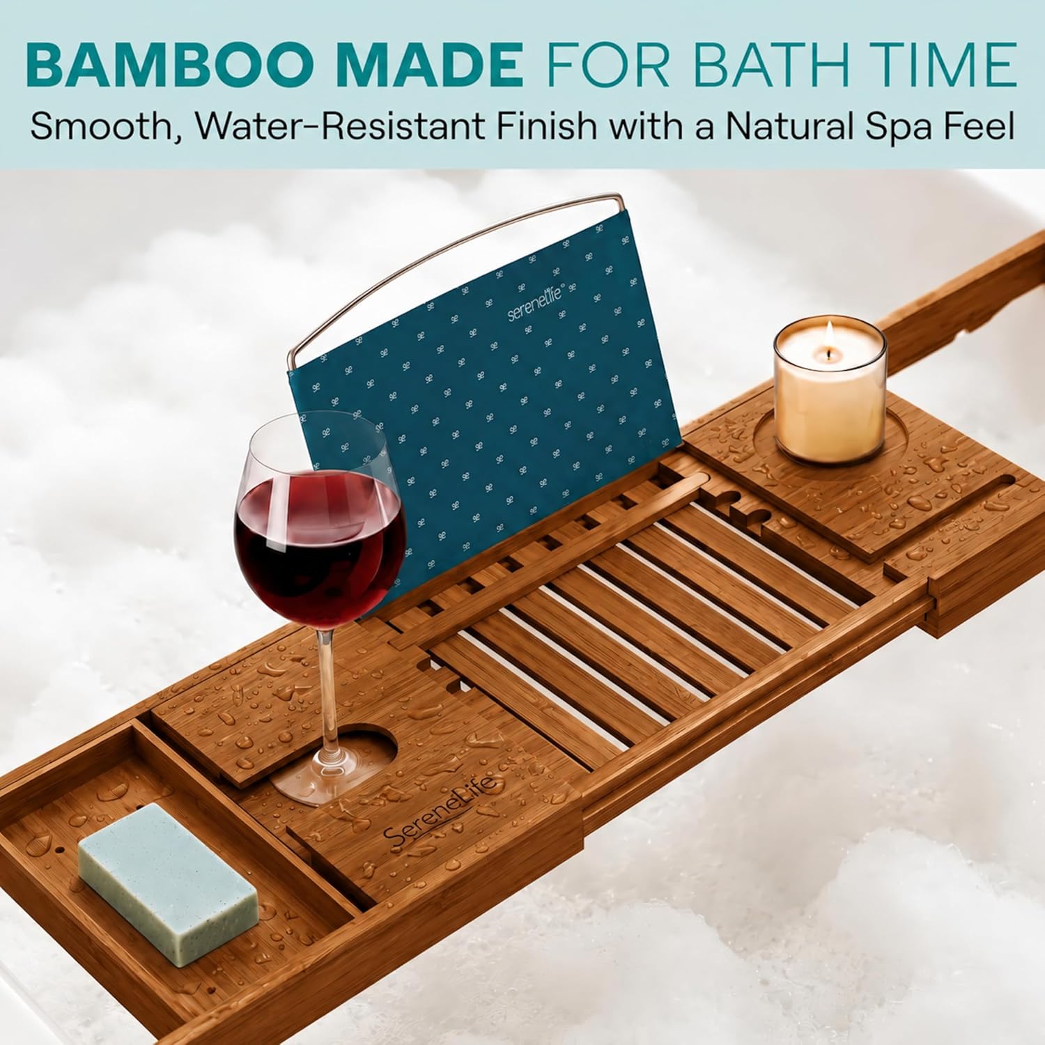 SereneLife Premium Bathtub Tray Caddy, Expandable Bath Tray, Unique House Warming Gifts, Gift for Mom, Women, New Home, Wedding, Anniversary, Bridal Shower, Universal Fit for All Tub - Brown, Gift Set