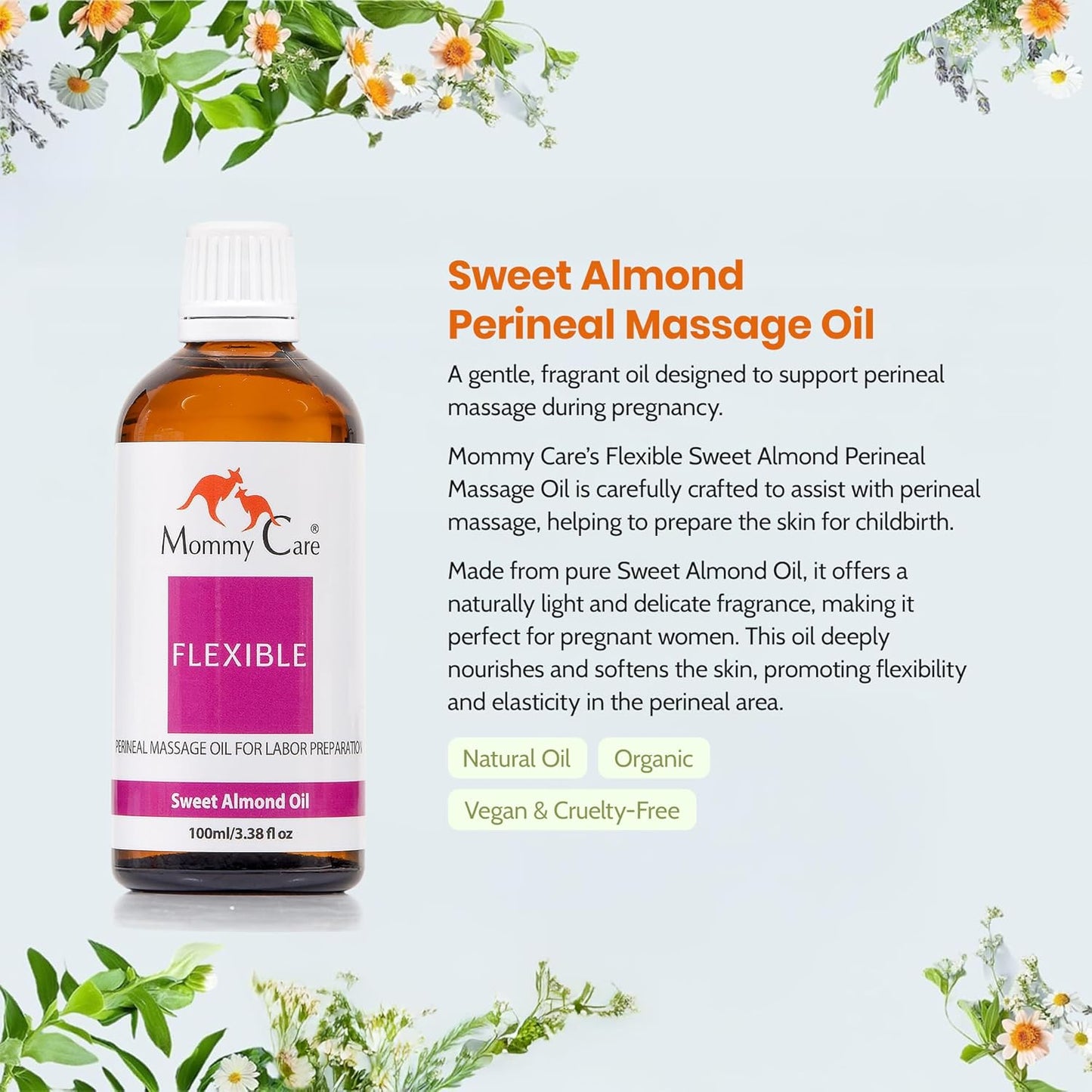 Mommy Care Perineal Massage Oil Labor Preparation, Flexible Perineal Massage Oil, Sweet Almond Oil for Pregnancy and Postpartum Recovery 100ml/3.38 fl.oz Organic All Natural
