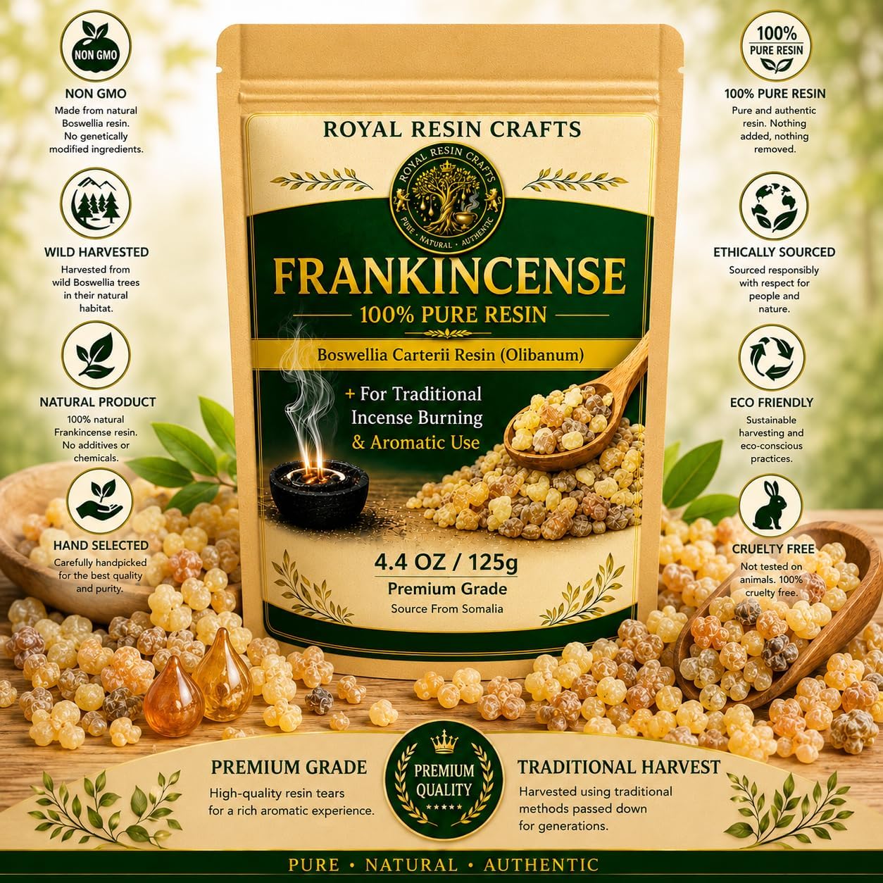 Premium Organic Frankincense Resin (Boswellia Carterii) – 125 g / 4.40 oz Wild-Harvested Olibanum – Pure Incense Resin for Aromatic Burning, Spiritual Rituals & Home Ambiance – Royal Resin Crafts