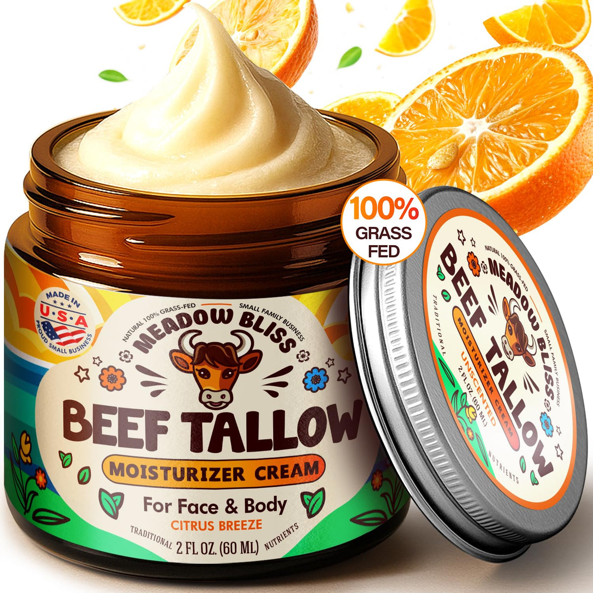 Beef Tallow for Skin - Moisturizer Cream - 100% Grass Fed - Whipped Beef Tallow - Organic Jojoba Oil - Organic Shea Butter