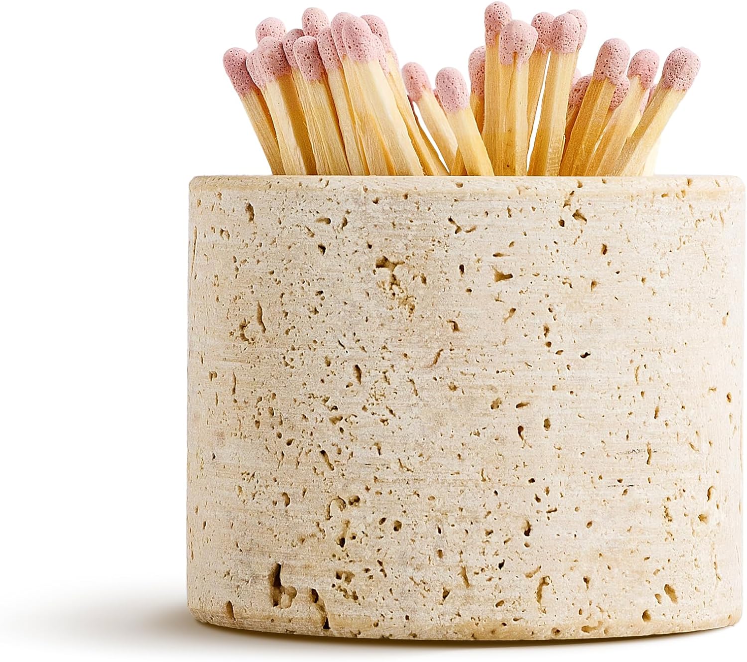 Travertine Stone Match Holder with Striker & Extra Striker Pad - 2.6" x 2" Decorative Matchstick Organizer for Fireplace, Candles, Parlor Cute Match Jar for Home Decor Gift, Matches Not Included