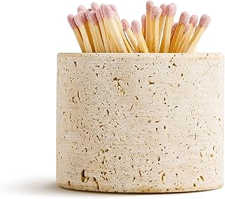 Travertine Stone Match Holder with Striker & Extra Striker Pad - 2.6" x 2" Decorative Matchstick Organizer for Fireplace, Candles, Parlor Cute Match Jar for Home Decor Gift, Matches Not Included
