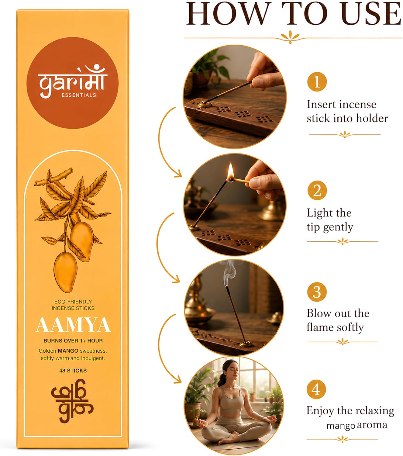 Premium Mango Fruity Scents Natural Incense Sticks -Long Lasting Charcoal Free Incense, Meditation, Yoga, Relaxation, Pack of 48 Sticks with Free Wooden Stand