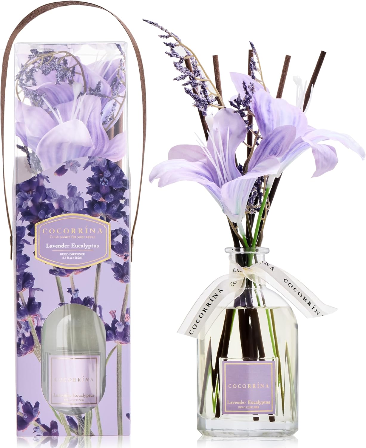 COCORRÍNA Reed Diffuser - Lavender Eucalyptus 8.5 Fl.oz Flower Reed Diffuser with Sticks, Bedroom Bathroom Shelf Decor (Floral Basket Collection)