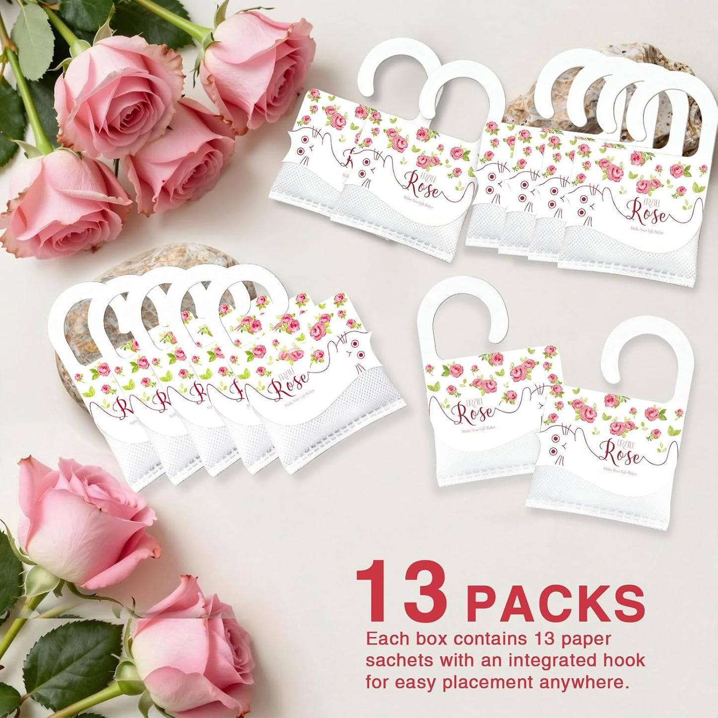 13 PCS Rose Scented Sachets, Long Lasting Room Air Freshener Odor Deodorizer Eliminating for Home Drawer Closet Clothes, Natural Room Fragrance Potpourri Bag