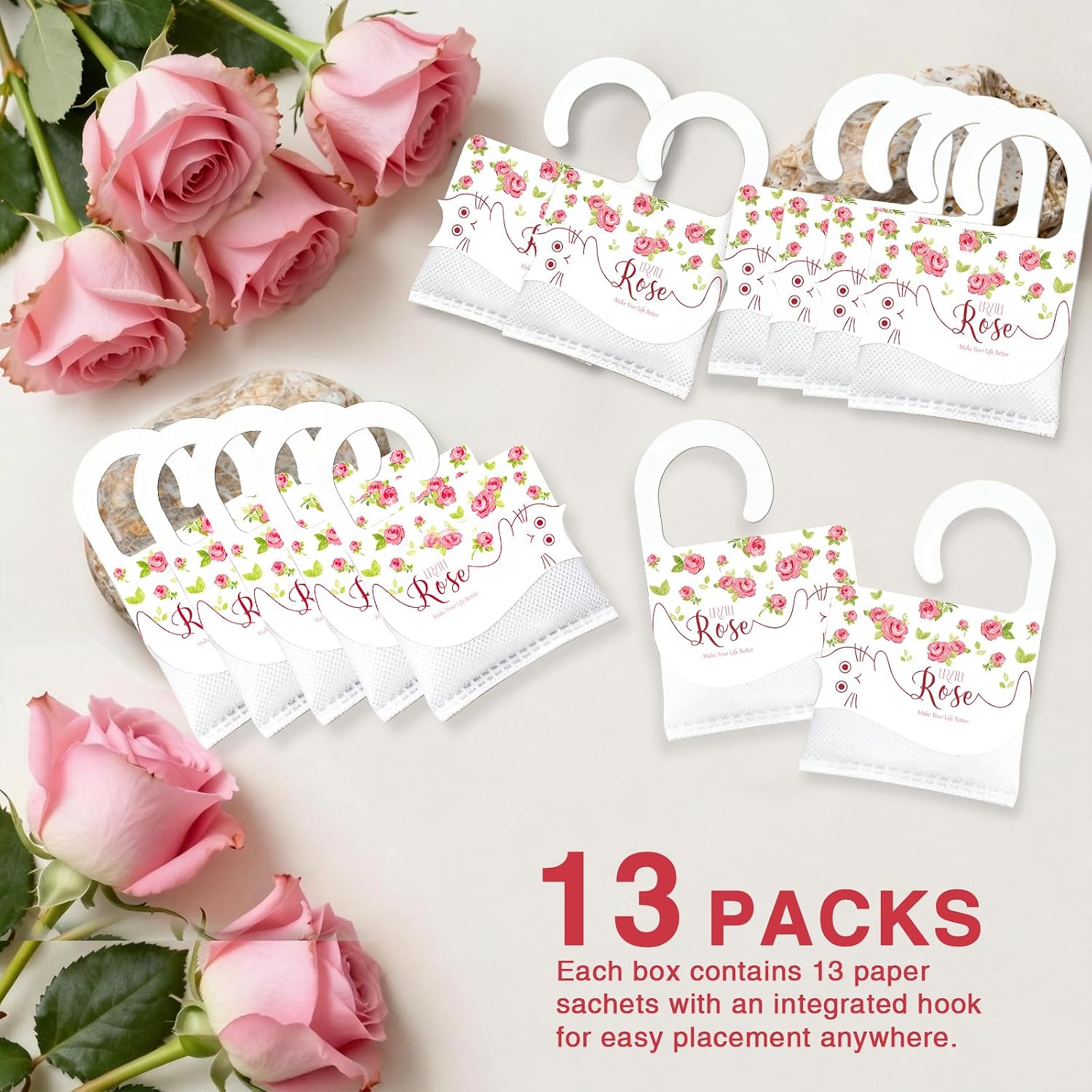 13 PCS Rose Scented Sachets, Long Lasting Room Air Freshener Odor Deodorizer Eliminating for Home Drawer Closet Clothes, Natural Room Fragrance Potpourri Bag