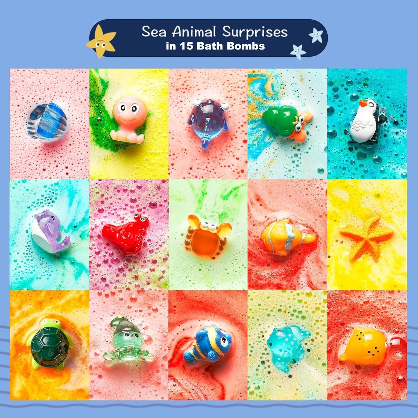 Sea Surprise Bath Bombs for Kids, 15 Pack Organic Fizzy Bath Bombs Gift Set with Hidden Ocean Toys, Gentle & Scented, Kid-Safe & Fun Bath Time, Ideal Christmas Gift & Stocking Stuffer for Kids