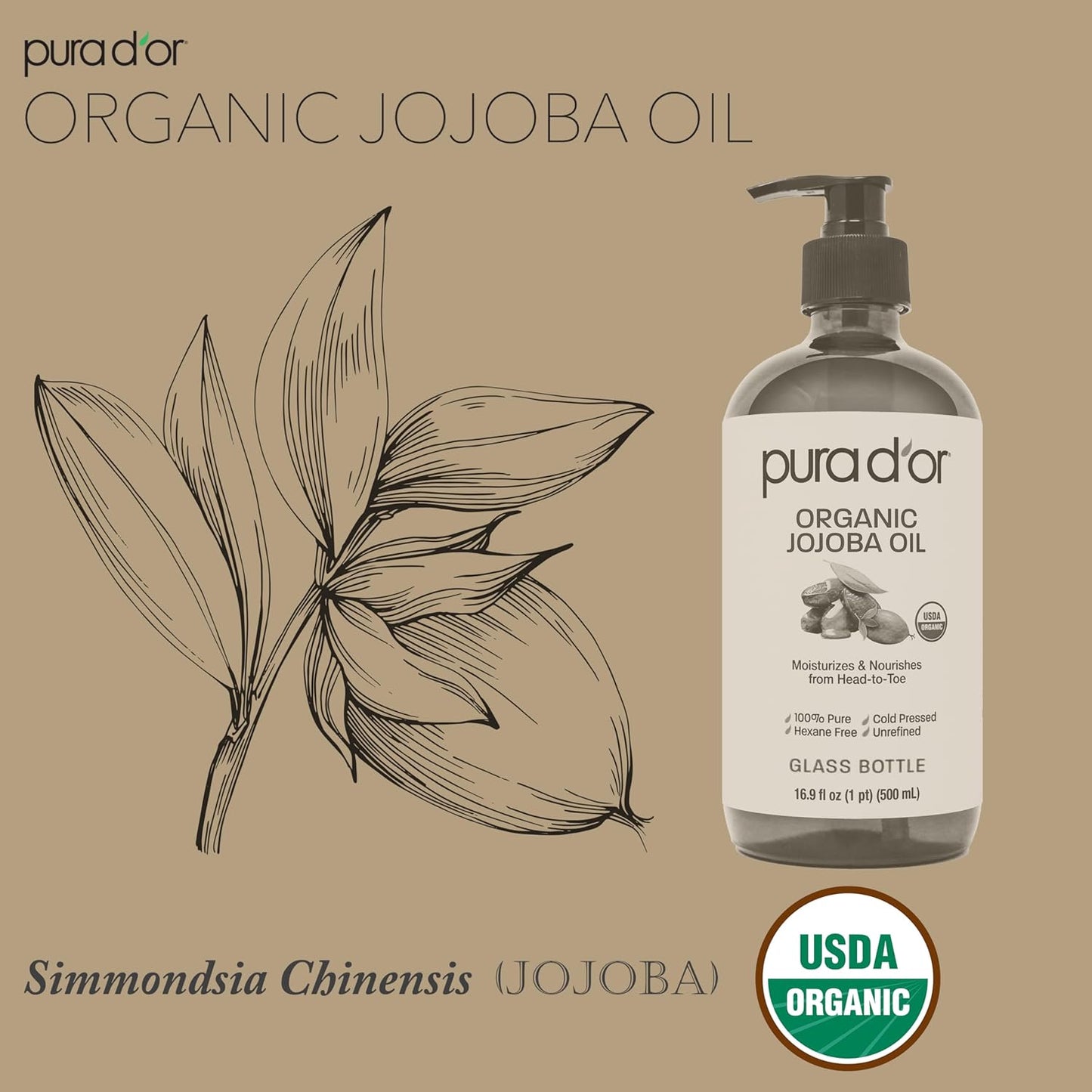 PURA D'OR ORGANIC Jojoba Oil (16.9 Oz GLASS BOTTLE) USDA Certified - 100% Pure & Natural