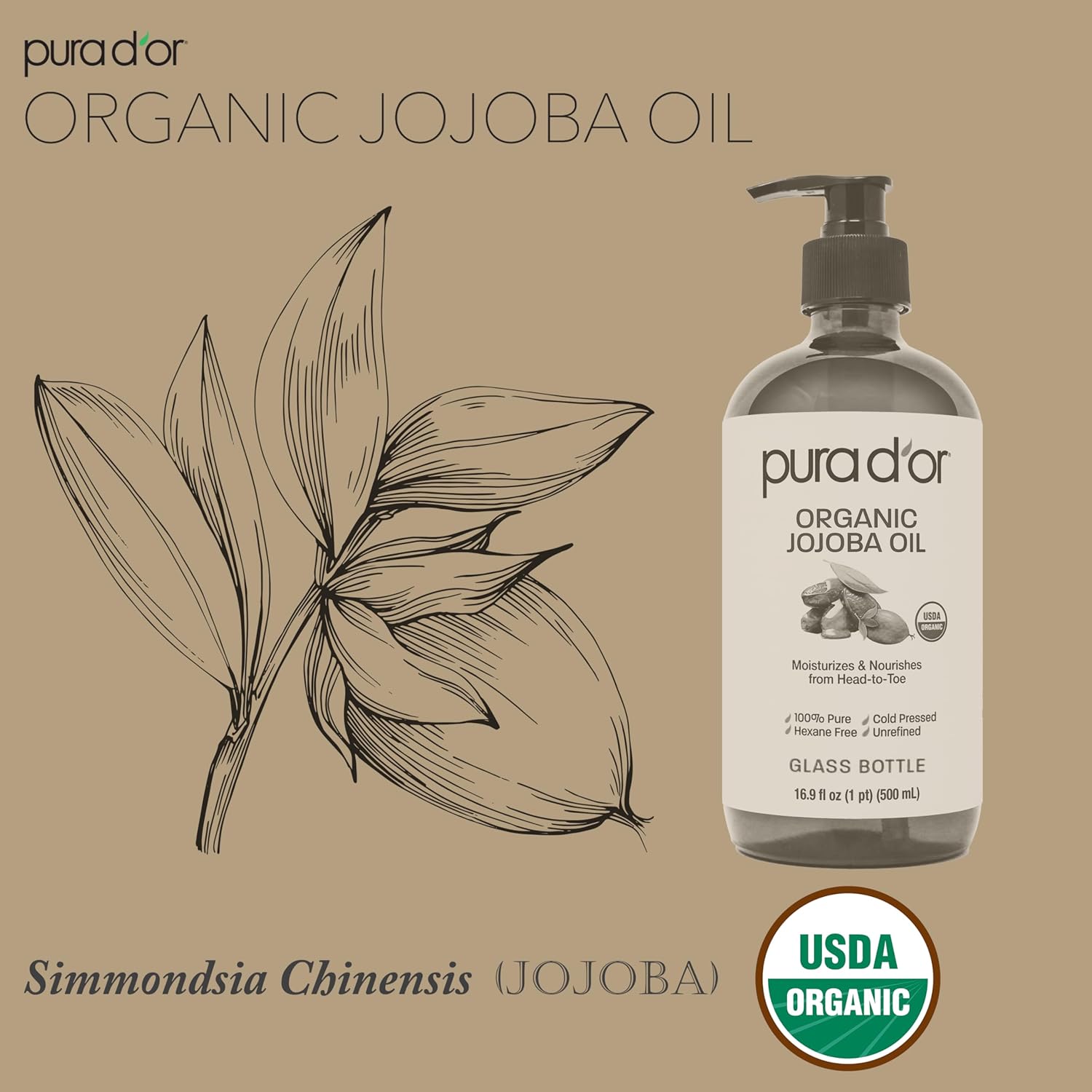 PURA D'OR ORGANIC Jojoba Oil (16.9 Oz GLASS BOTTLE) USDA Certified - 100% Pure & Natural