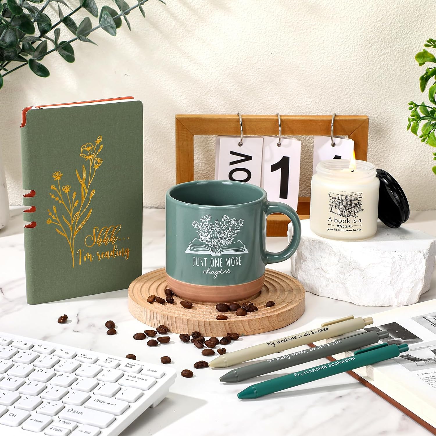 Baderke Book Lover Gifts for Women Men 6 Pcs Bookish Reading Accessories A6 Notebook Ballpoint Pen Ceramic Cup Candle Book Club Gift for Bookworm Reader Librarian Teacher(Green)