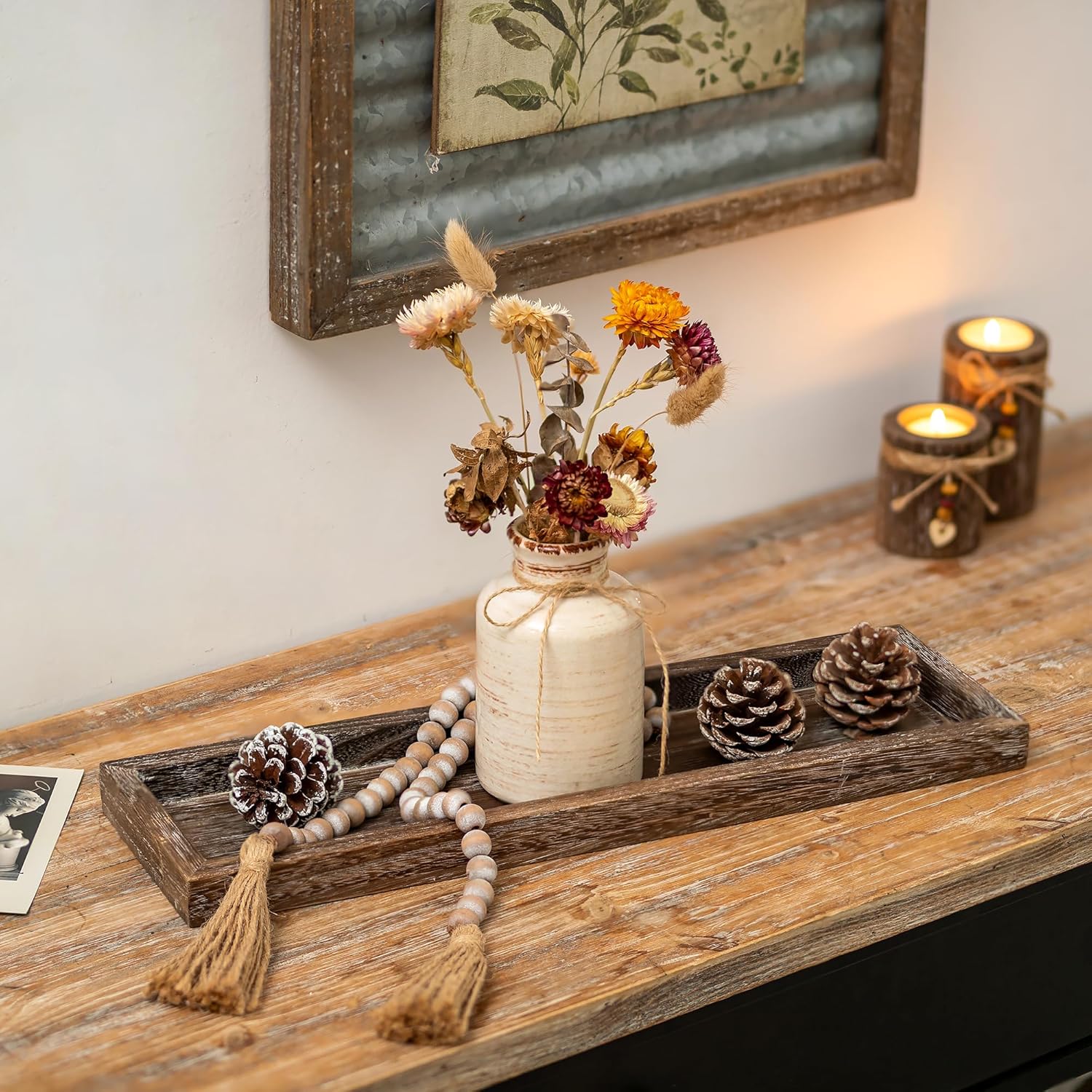 Romadedi Rustic Decorative Wood Candle Tray - 17" Wooden Long Narrow Tray Candle Holder, Farmhouse Small Trays for Coffee Table Centerpieces Dining Room Kitchen Countertop Home Decor, Brown