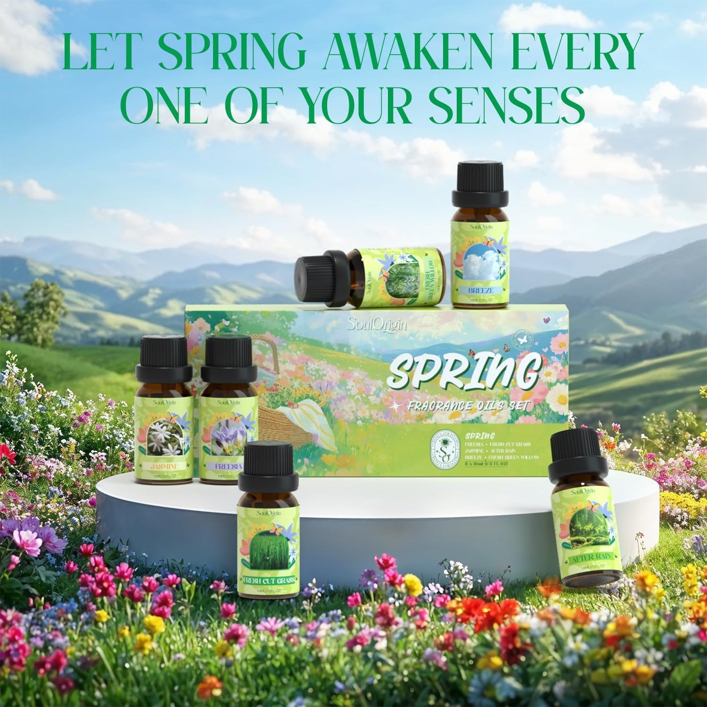 Soulorigin Spring Fragrance Oils Set, Essential Oil Gift Set for Diffuser, Spring Scent Diffuser Oil, Diffuser Scents Oil for Home,Freesia,Breeze,Fresh Green Willow,Fresh Cut Grass,Jasmine, After Rain
