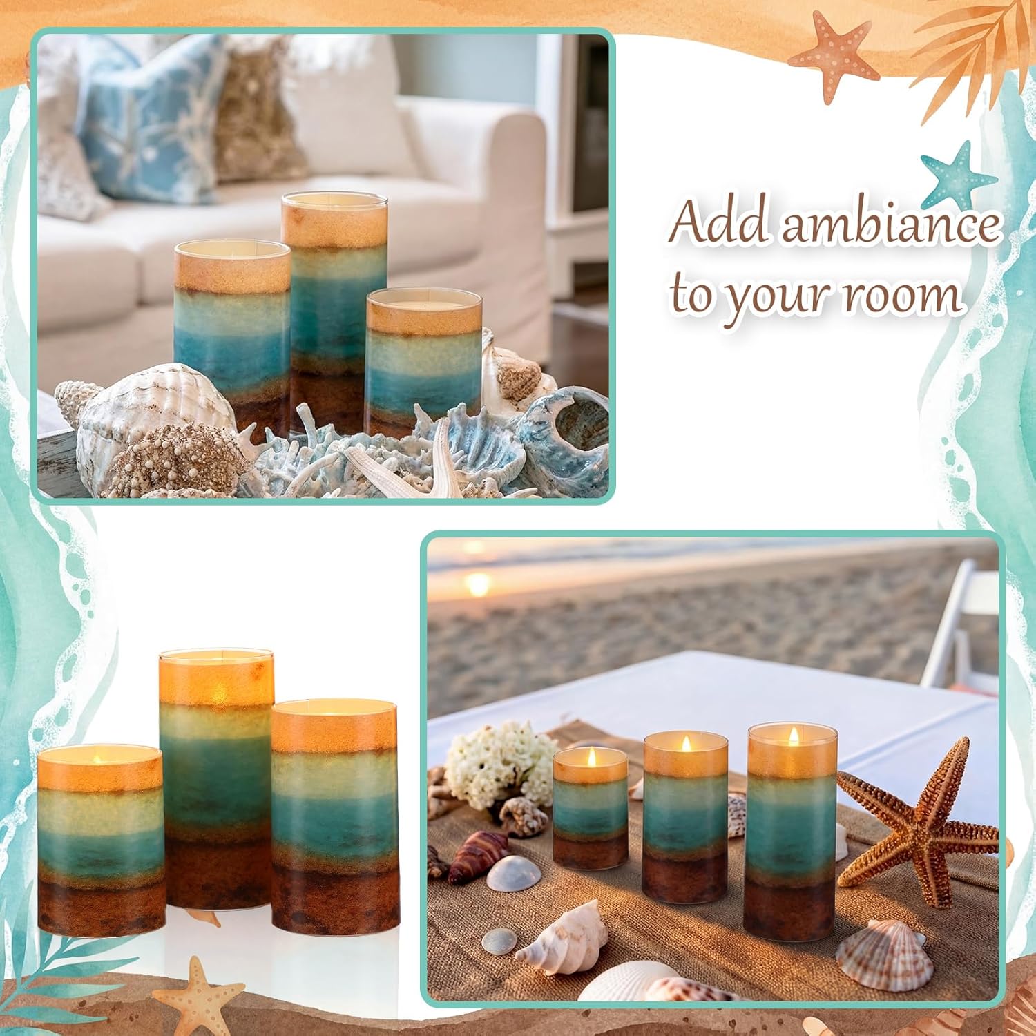 Tujoe 3 Pcs Summer Ocean Flameless Candles Teal Beach LED Battery Pillar Candles Set Battery Operated Coastal Nautical Decorations Flickering Gifts with Remote Decorations for Holiday