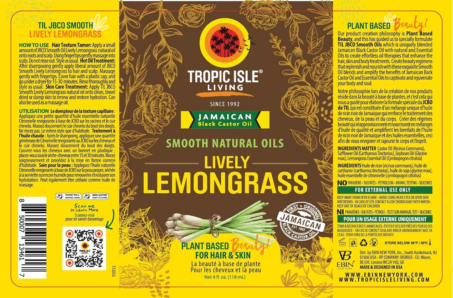 Tropic Isle Living Smooth Natural Oils, Lemongrass Essential Oil with Jamaican Black Castor Oil Blend for Natural Skin & Hair Care Treatment, Refreshing Fragrance
