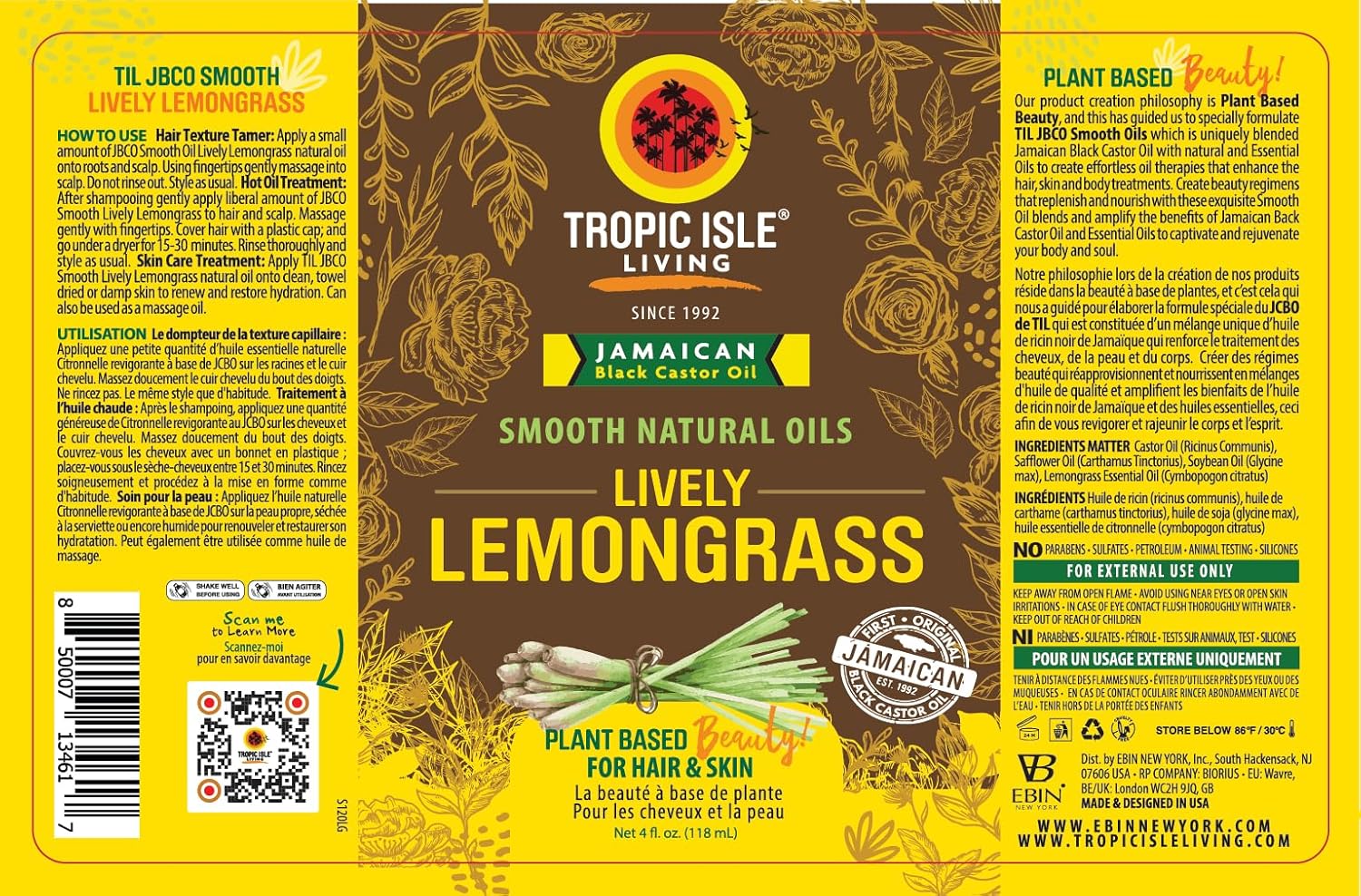Tropic Isle Living Smooth Natural Oils, Lemongrass Essential Oil with Jamaican Black Castor Oil Blend for Natural Skin & Hair Care Treatment, Refreshing Fragrance