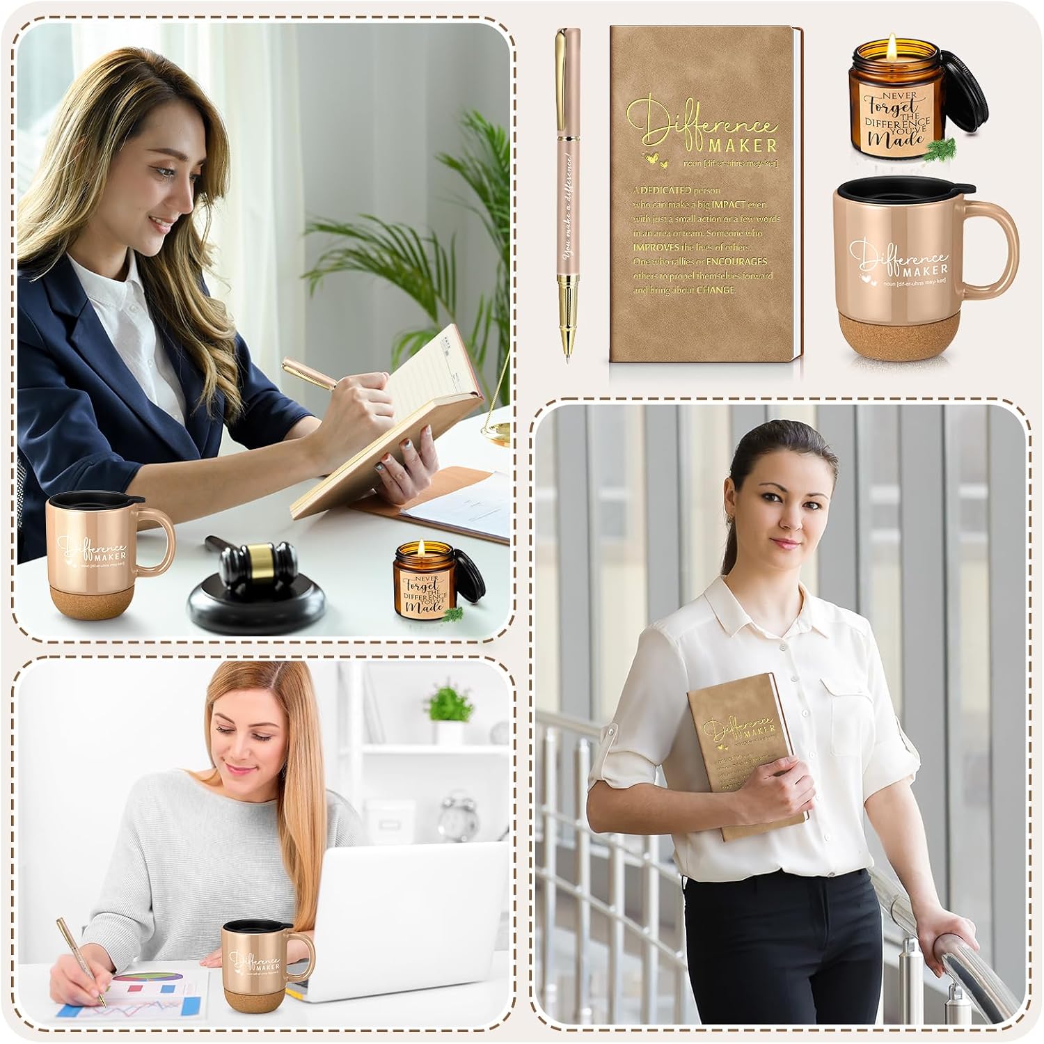 Vesici 4 Pcs Difference Maker Gift Set for Employee Mug Notebook Candle Pen | Thank You Gift for Women Men Teacher Nurse Coworker Secretary Boss(Brown,Word)