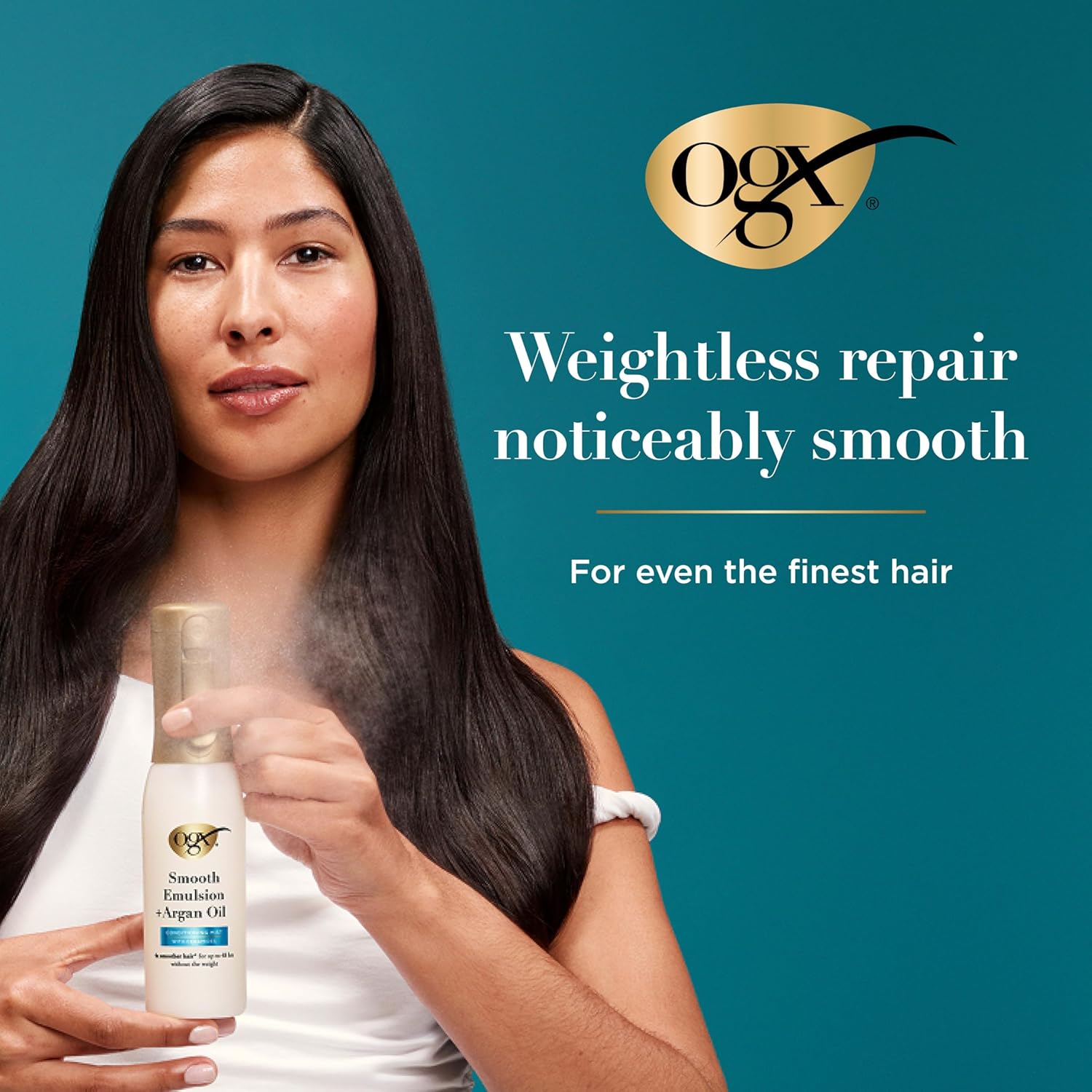OGX Smooth Emulsion + Argan Oil Conditioning Hair Mist, Damage Repair Spray with Ceramides for 4x Smoother Hair* for up to 48 Hours Without the Weight, 450°F Heat Protection, 6.5 fl. oz