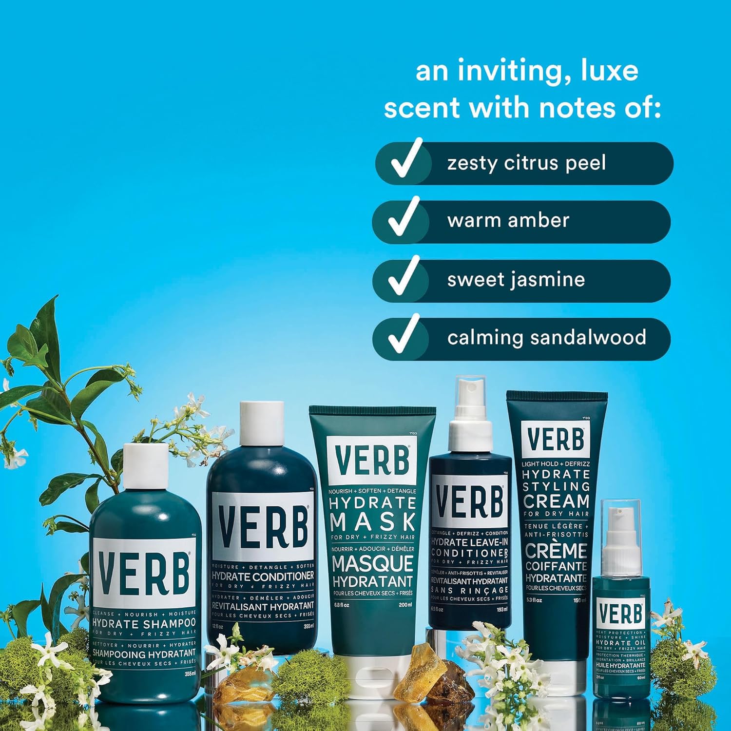 VERB Hydrate Oil - Add Moisture -Increases Shine - Smooth Frizz - Heat Protection for Dry + Frizzy Hair - Amber + Warm Jasmine Scent
