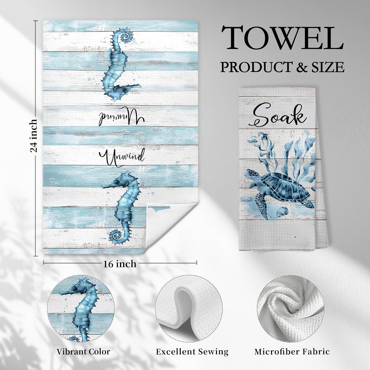 Rustic Coastal Beach Hand Towels, Sea Horse Jellyfish Turtle Starfish Unwind Breathe Relax Soak Decorative Hand Towels for Bathroom Washroom Restroom Spa Room, 16x24 Inch Set of 4
