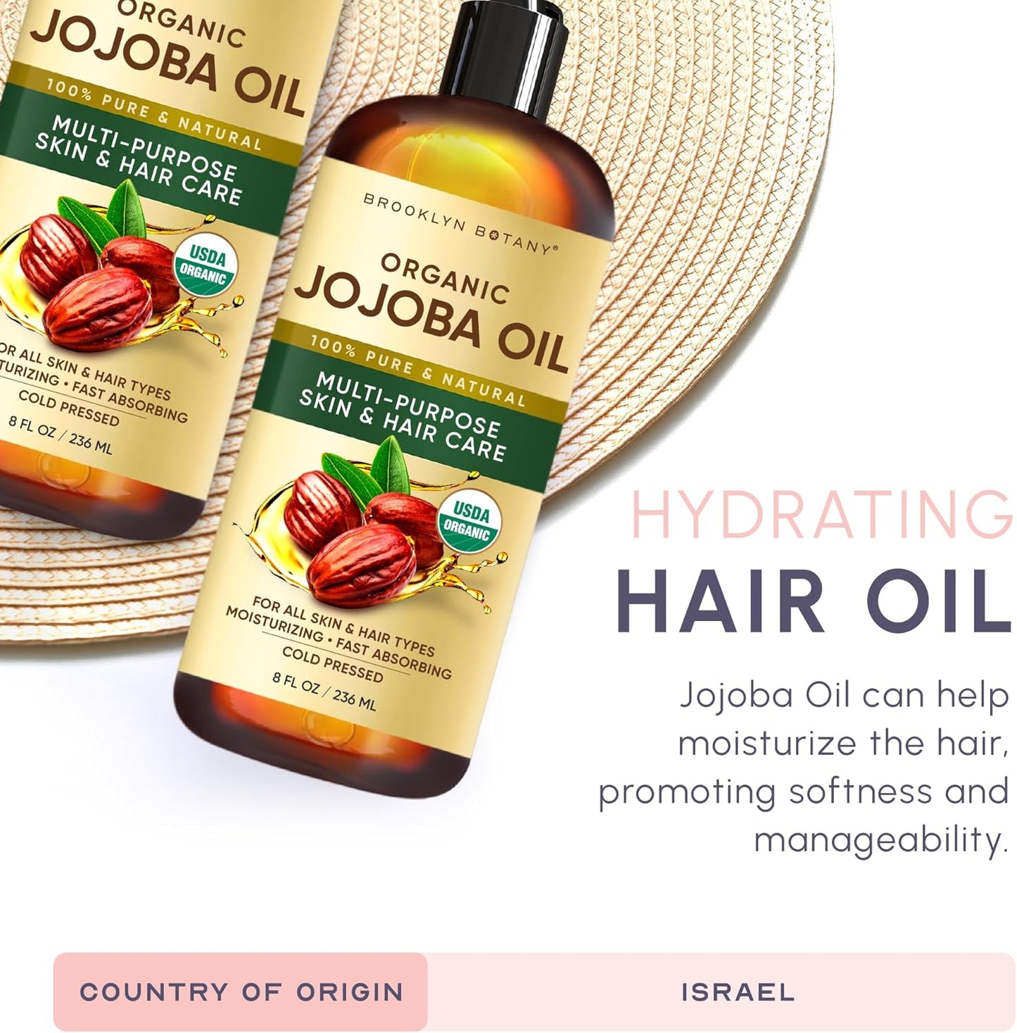Brooklyn Botany Cold-Pressed Organic Jojoba Oil | for Skin, Hair and Face | 8 Fl Oz | 100% Pure and Natural | Carrier Oil for Essential Oils, Aromatherapy and Massage | Hexane Free