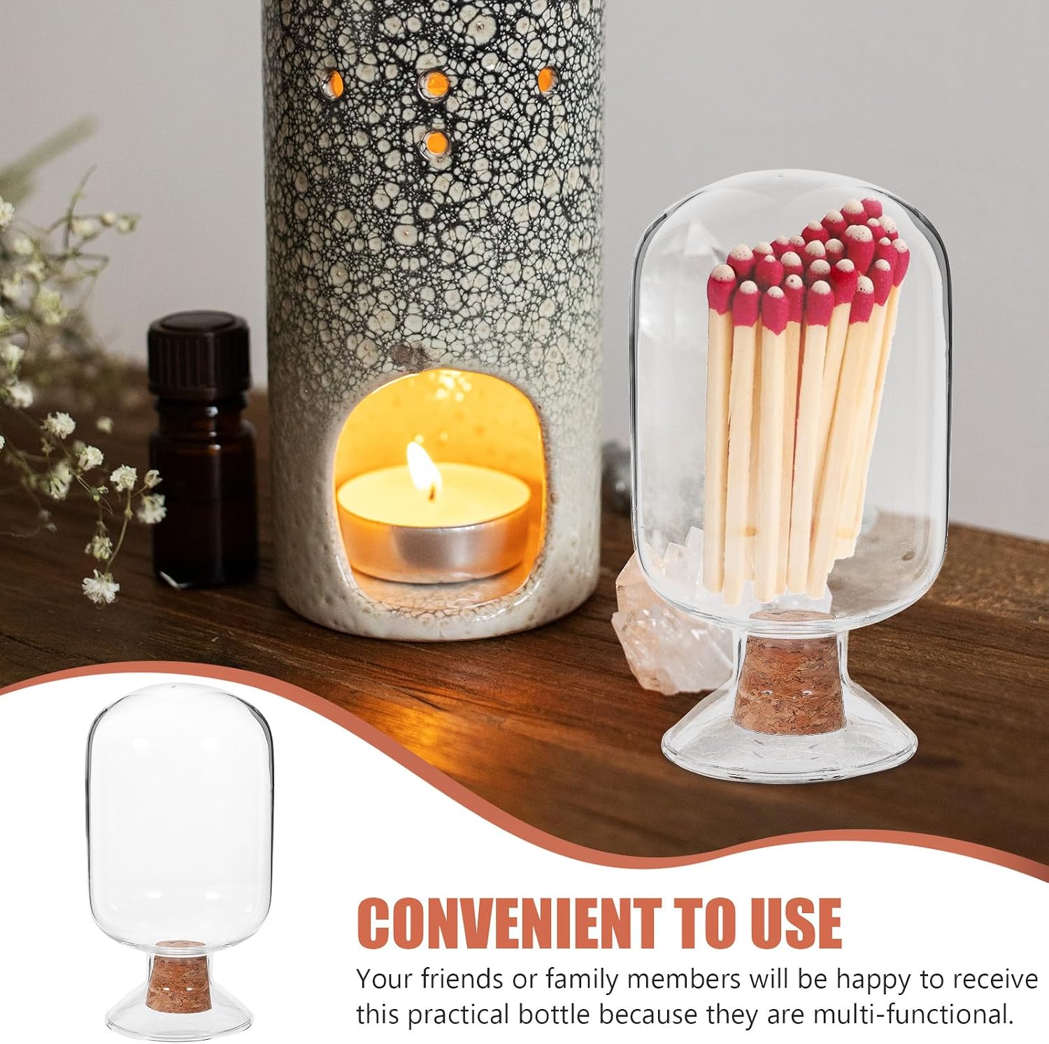 Glass Match Storage Jar with Cork Stopper 125ml, Multi-functional Washable Matchstick Holder for Home Décor and Fireplace Use