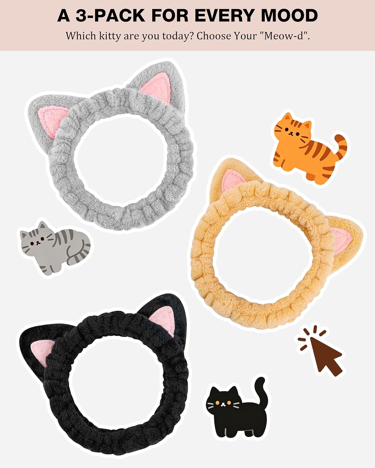 YOOVR 3pcs Spa Headband, Stocking Stuffers for Teen Girls, Skincare Face Wash Makeup Headband with Cat Ears, Cute Stuff Small Gifts for Women Cat Lovers Mom, Hair Accessories, Gift Basket Stuffers