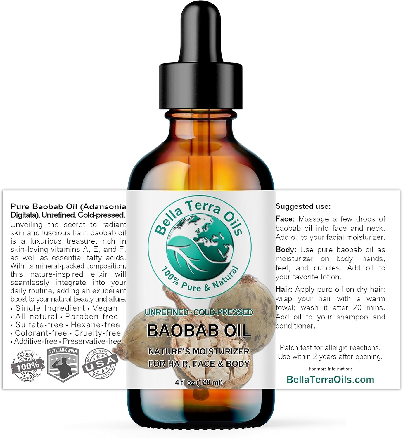 Bella Terra Oils - Baobab Oil 4 oz - Dive into the Essence of African Treasure, Abundant in Antioxidants, Best for Achieving a Silky Skin Glow