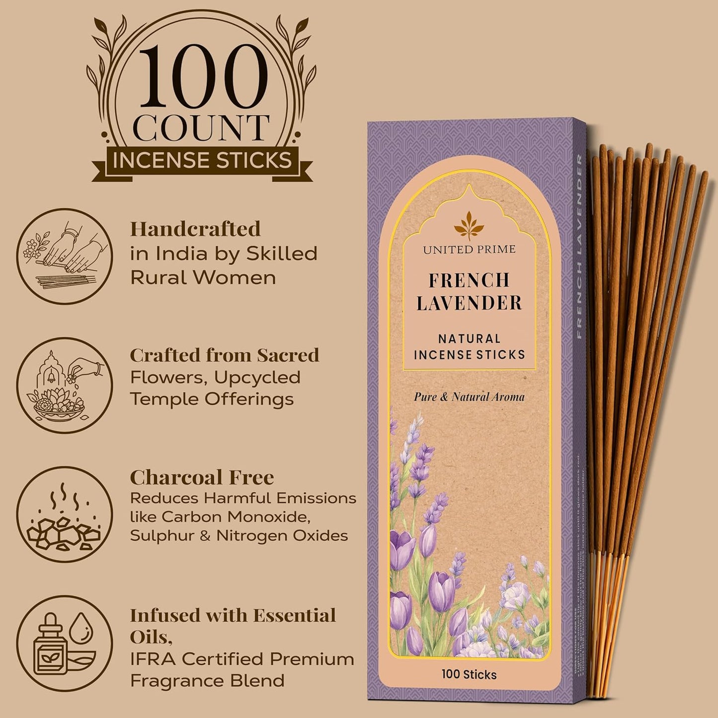 Pure Lavender Incense Sticks, 100 Sticks, No Charcoal Clean Burning, Organic Non Toxic Insence,100% Natural sustainably harvested, Spiritual Healing Calming Aroma for Positive Vibes
