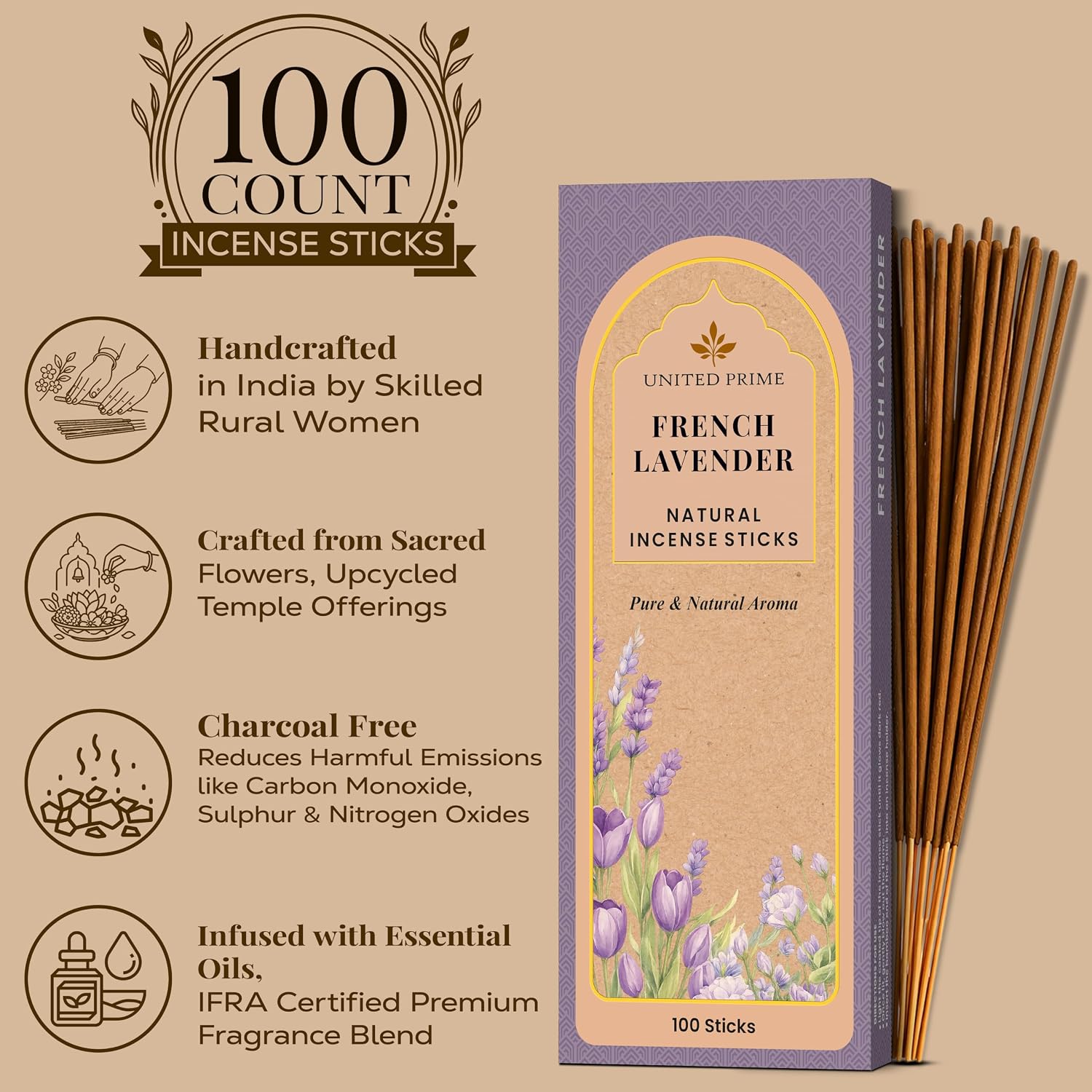 Pure Lavender Incense Sticks, 100 Sticks, No Charcoal Clean Burning, Organic Non Toxic Insence,100% Natural sustainably harvested, Spiritual Healing Calming Aroma for Positive Vibes