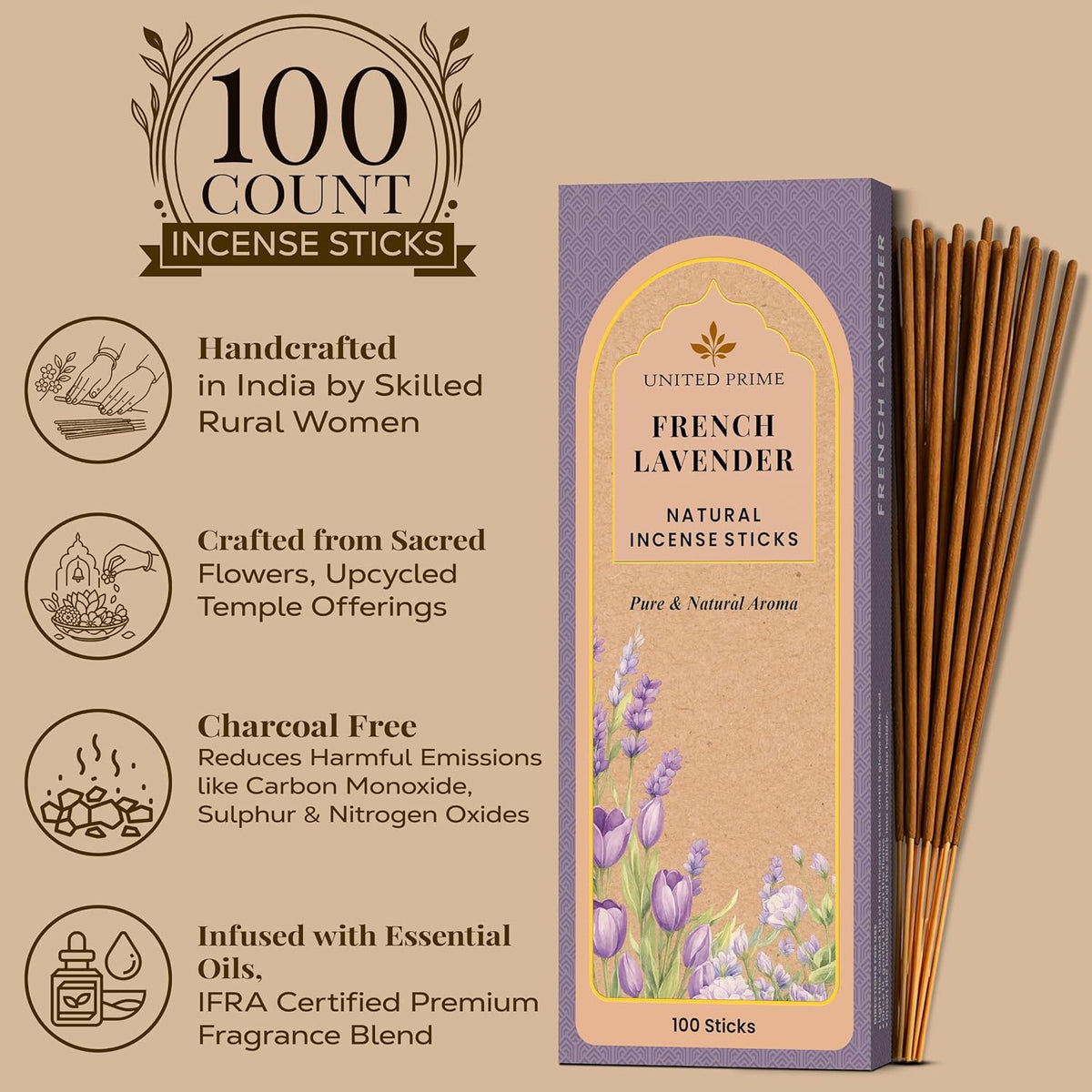 Pure Lavender Incense Sticks, 100 Sticks, No Charcoal Clean Burning, Organic Non Toxic Insence,100% Natural sustainably harvested, Spiritual Healing Calming Aroma for Positive Vibes