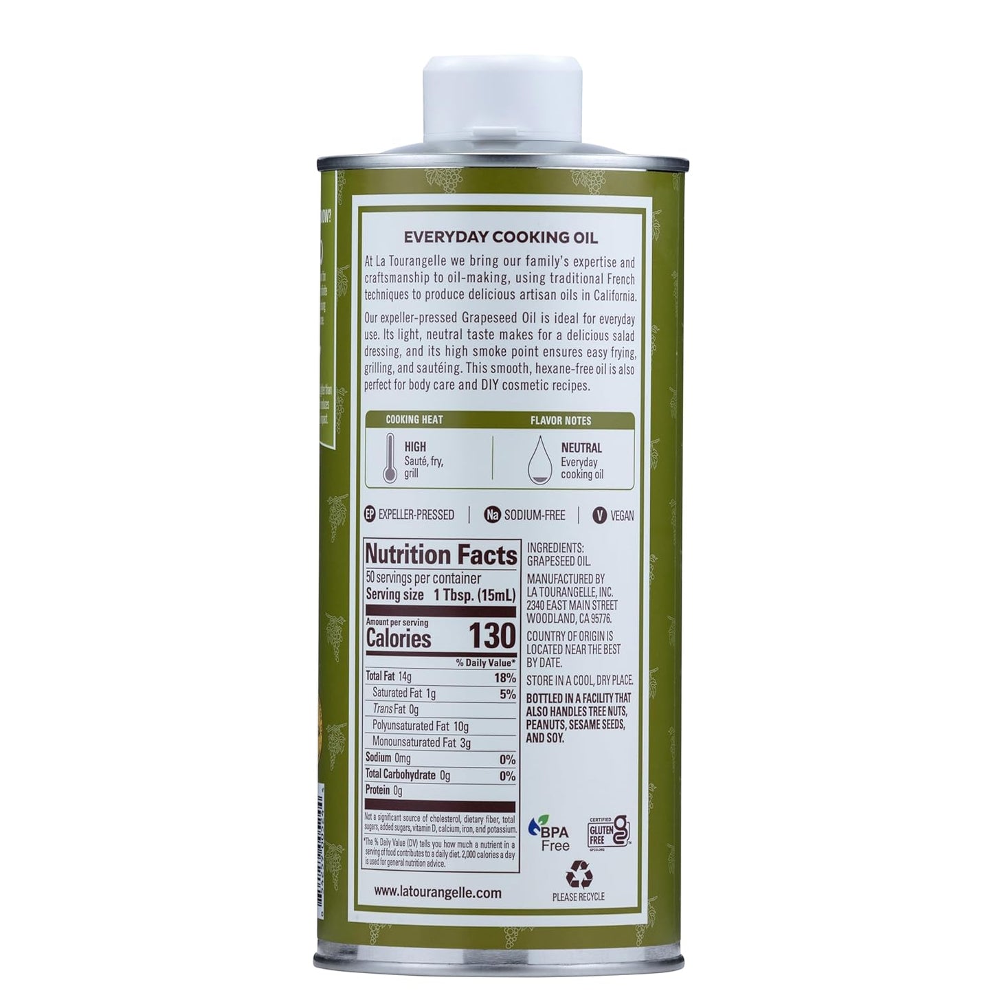 La Tourangelle, Expeller-Pressed Grapeseed Oil, High Heat Neutral Cooking Oil, Cast Iron Seasoning, Also Great for Skin, Hair, and DIY Beauty Recipes, 25.4 fl oz