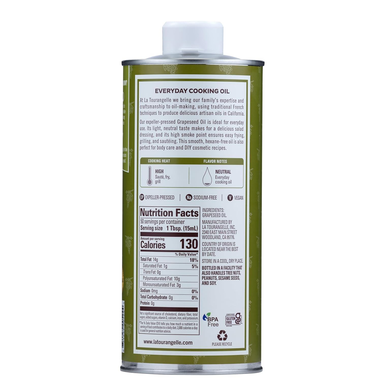 La Tourangelle, Expeller-Pressed Grapeseed Oil, High Heat Neutral Cooking Oil, Cast Iron Seasoning, Also Great for Skin, Hair, and DIY Beauty Recipes, 25.4 fl oz
