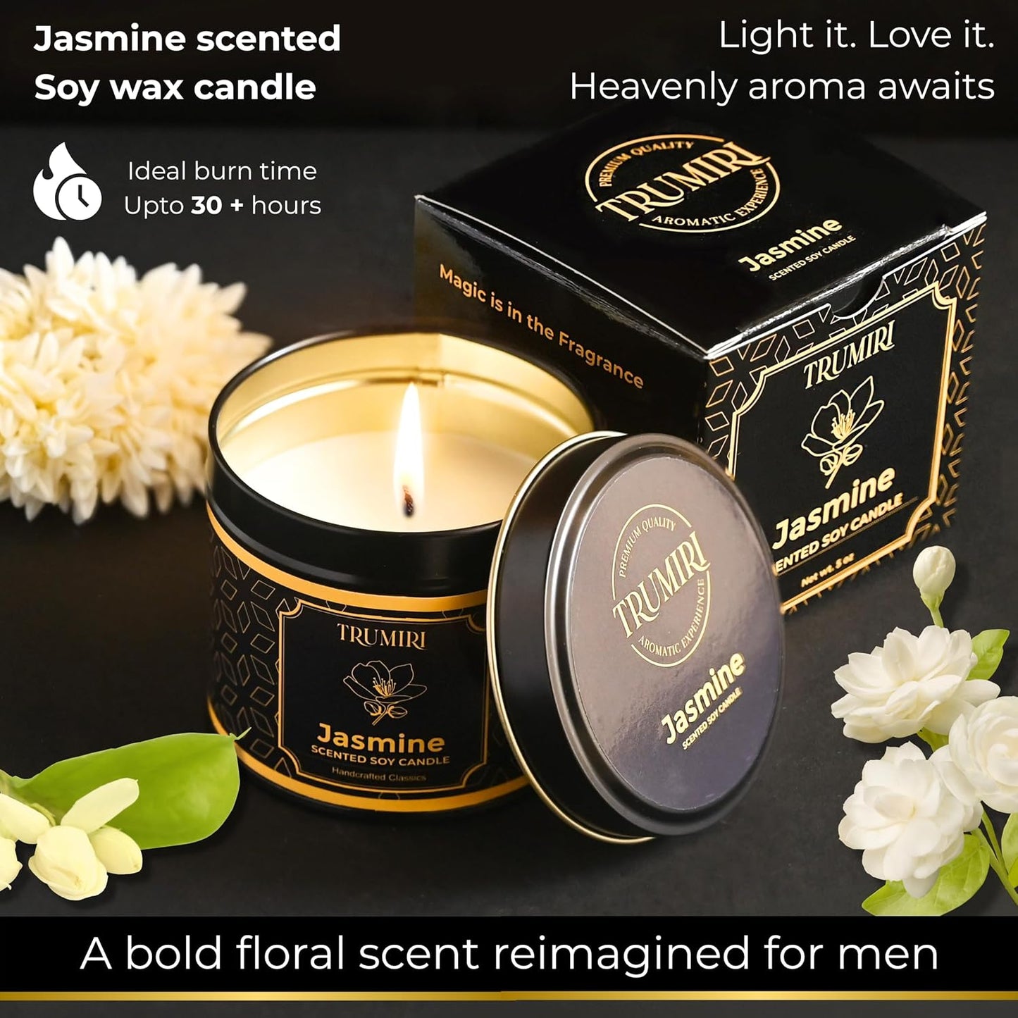 Jasmine Candle Strong Scented Soy Candel Natural Non Toxic Velas Aromáticas Gift for Women Pack of 1 5Oz Decorartive Travel Tin