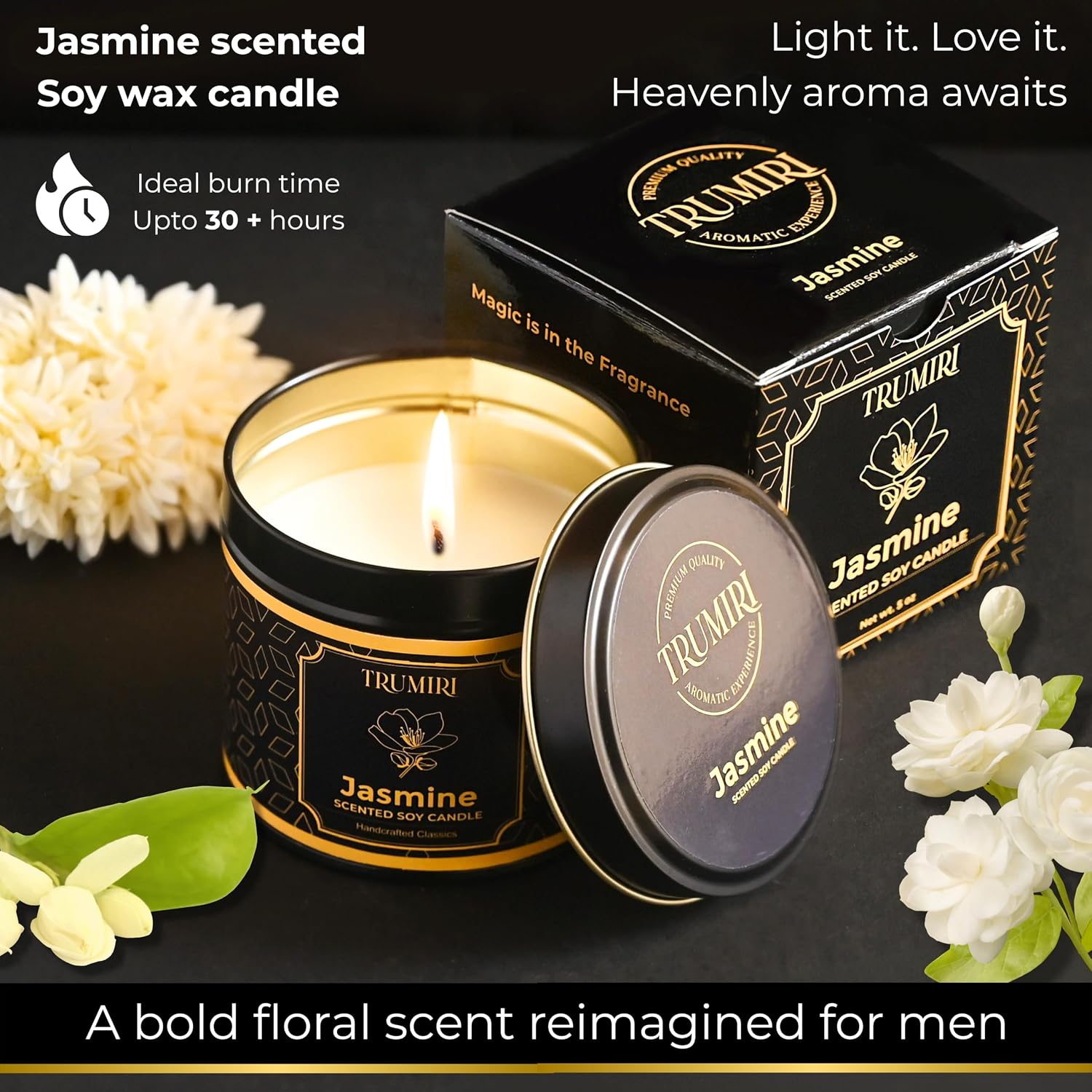 Jasmine Candle Strong Scented Soy Candel Natural Non Toxic Velas Aromáticas Gift for Women Pack of 1 5Oz Decorartive Travel Tin