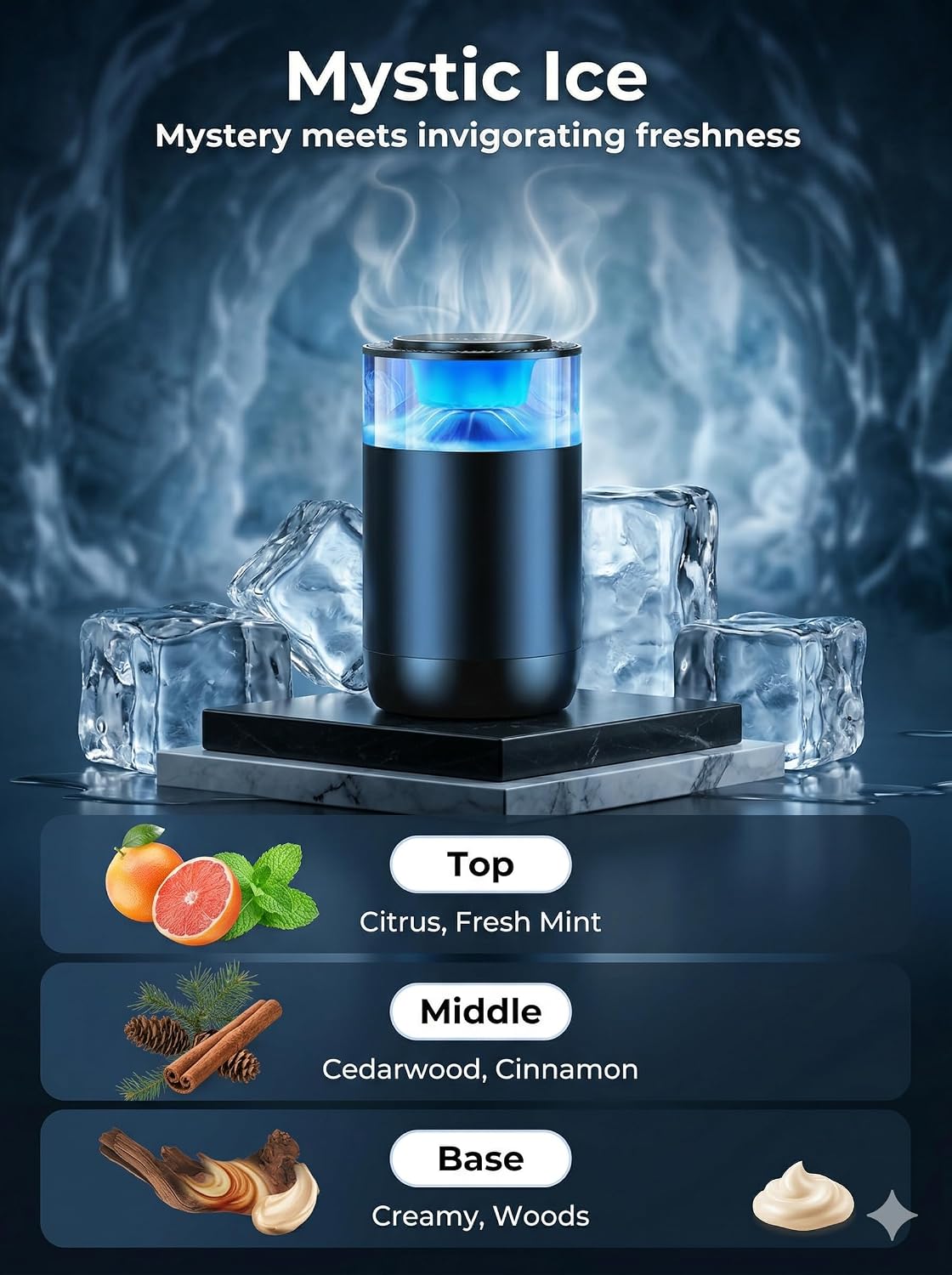 Smart Auto Car Diffuser, RGB Air Freshener, Rechargeable Aluminum Aromatherapy, Leak-Proof Replaceable Cartridge, Cologne & Ocean Scent for Car Office Bedroom