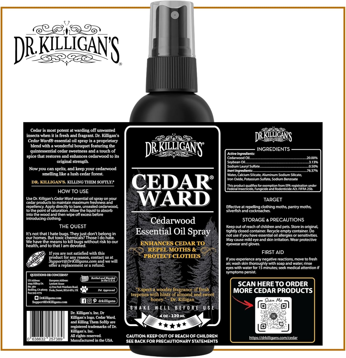 Dr. Killigan’s CedarWard Spray - 4 fl. oz. - Natural Cedar Oil Formula Restores Scent to Cedarwood Accessories, Closets, Drawers, Trunks, Chests, Pest and Moth Repellent for Clothes