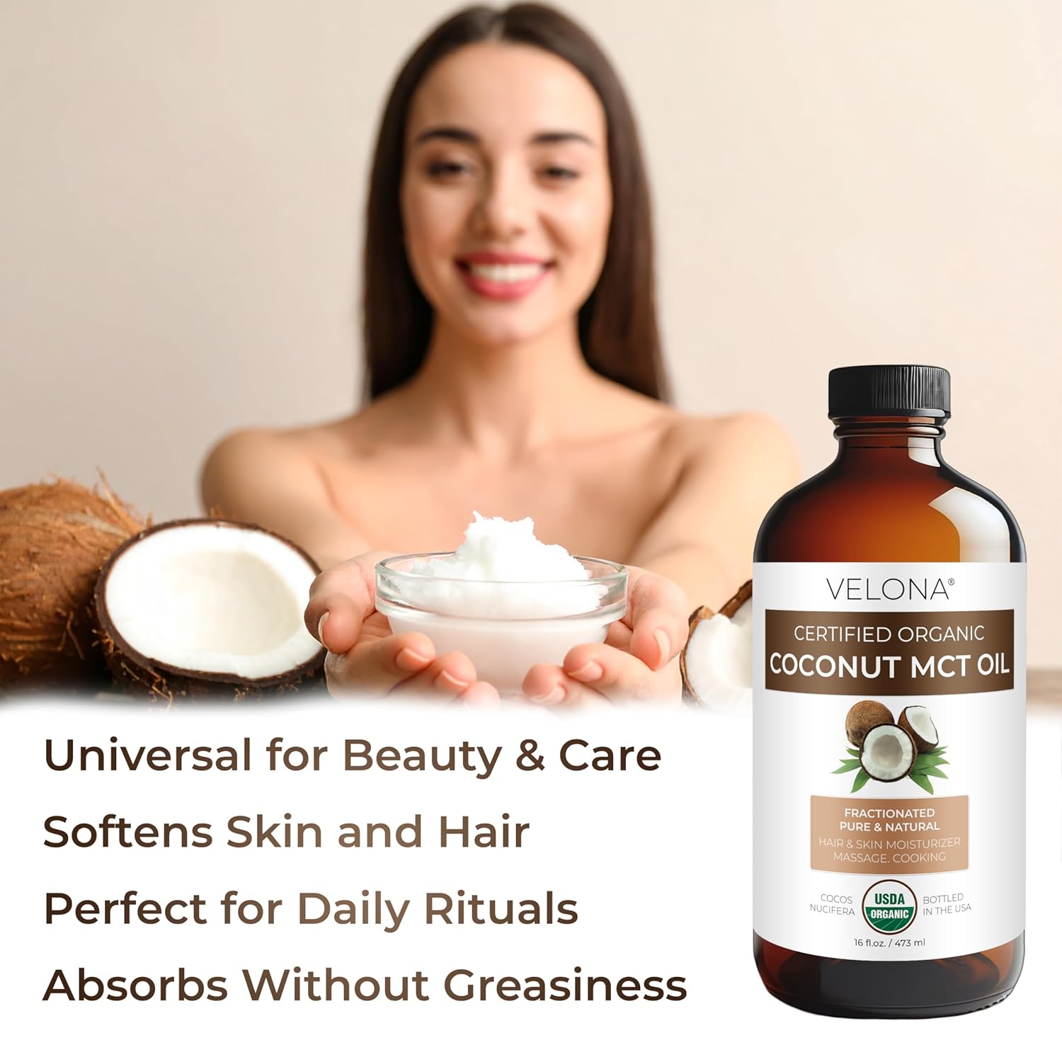 velona USDA Certified Organic MCT Coconut Oil - 64 fl oz | 100% from Coconut | Fractionated | Skin, Face, Body, Hair Care | Use Today - Enjoy Results